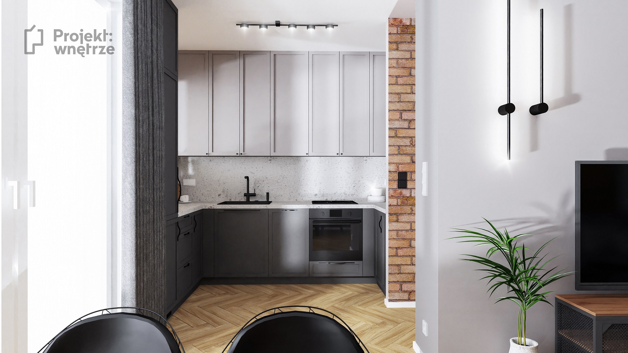 Projekt wnętrze mieszkanie w stylu loft aneks kuchenny szarość cegła lastryko terazzo panele winylowe jodełka - projektowanie wnętrz Warszawa onlina (1)