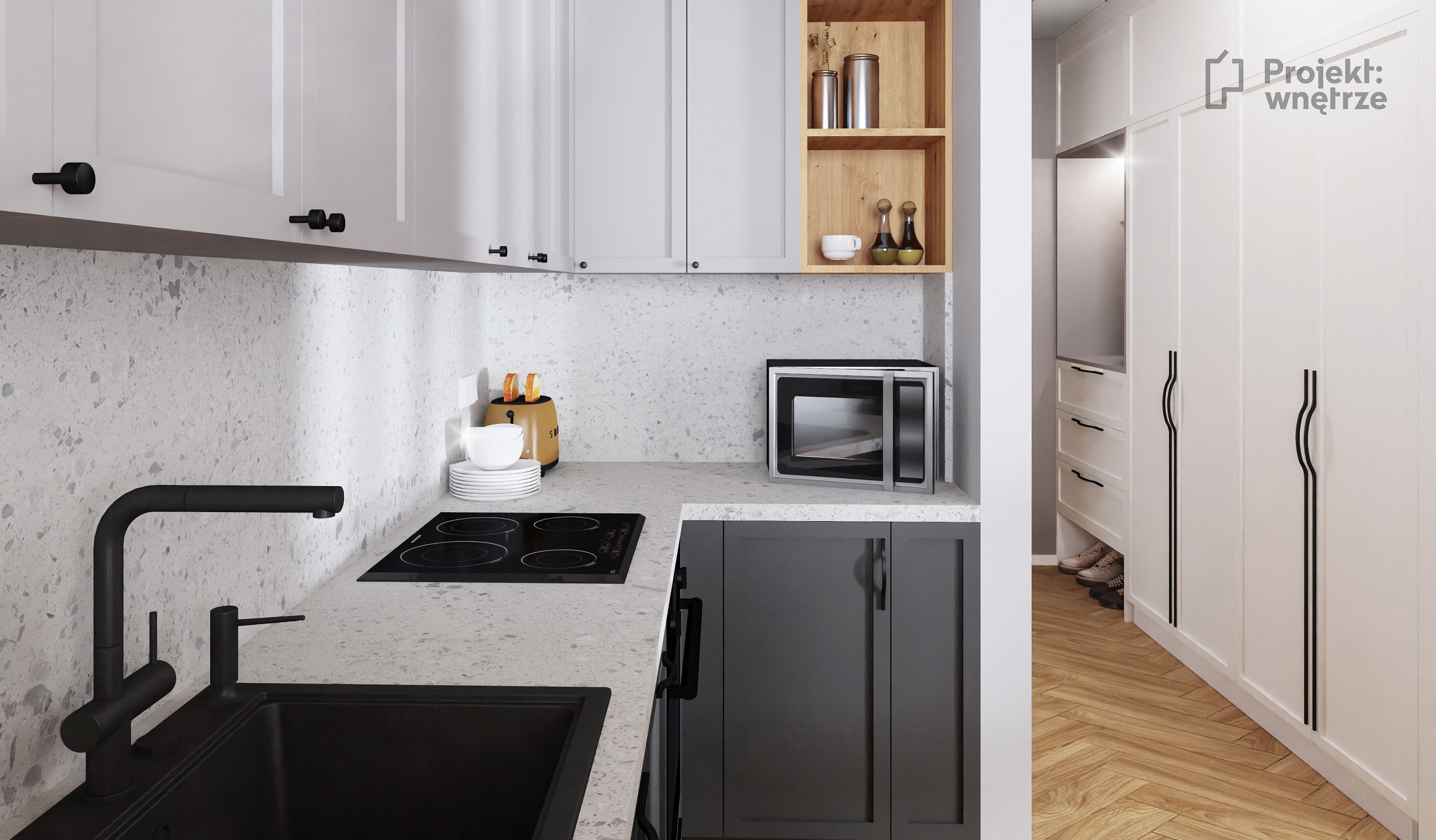 Projekt wnętrze mieszkanie w stylu loft aneks kuchenny szarość cegła lastryko terazzo panele winylowe jodełka - projektowanie wnętrz Warszawa onlina (2)