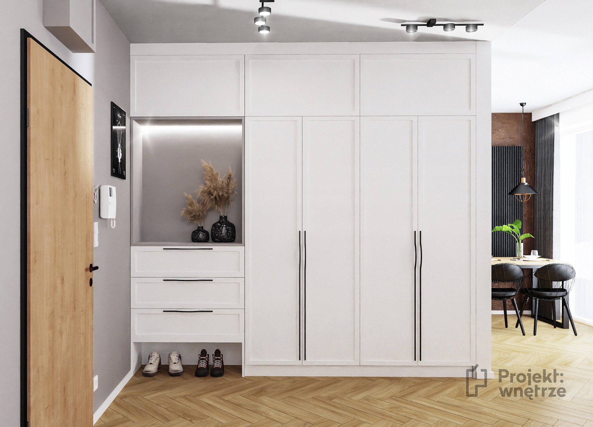 Projekt wnętrze mieszkanie w stylu loft korytarz hol cegła lustro loft biała wysoka zabudowa panele winylowe jodełka (1)