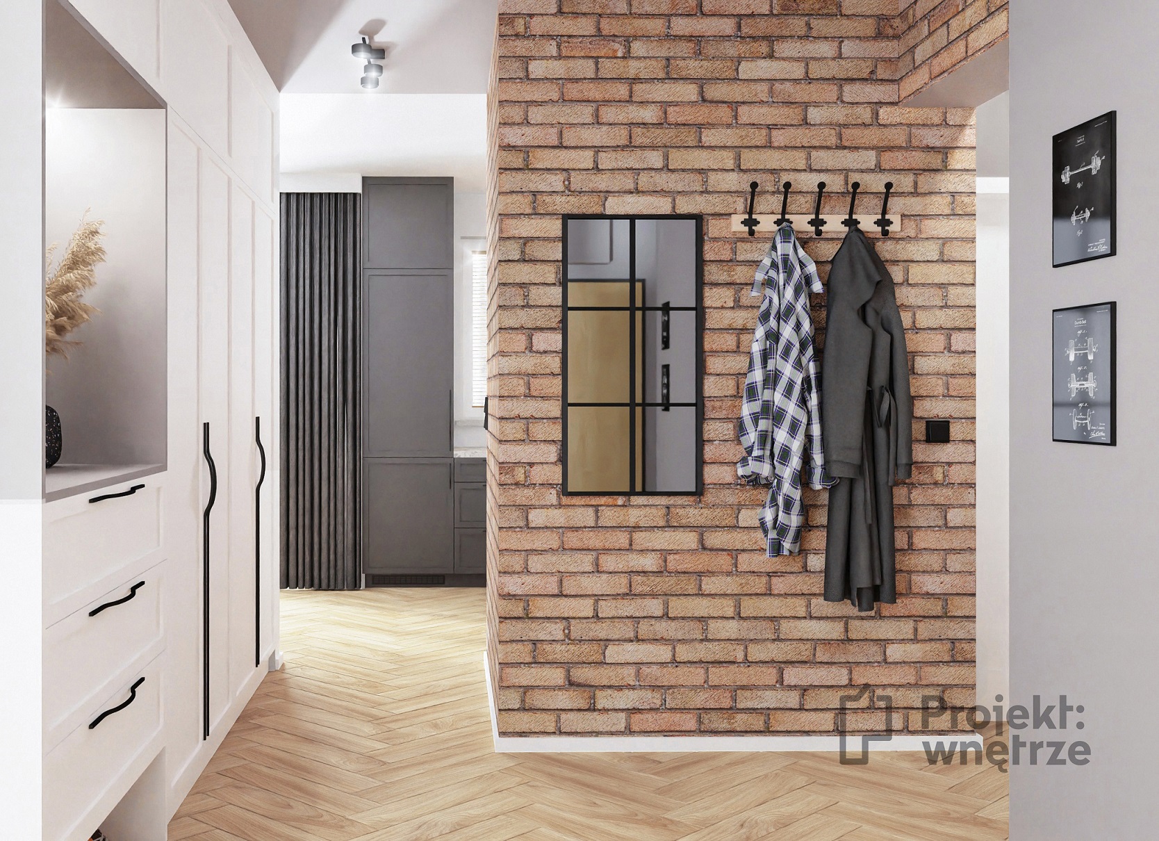 Projekt wnętrze mieszkanie w stylu loft korytarz hol cegła lustro loft biała wysoka zabudowa panele winylowe jodełka (2)