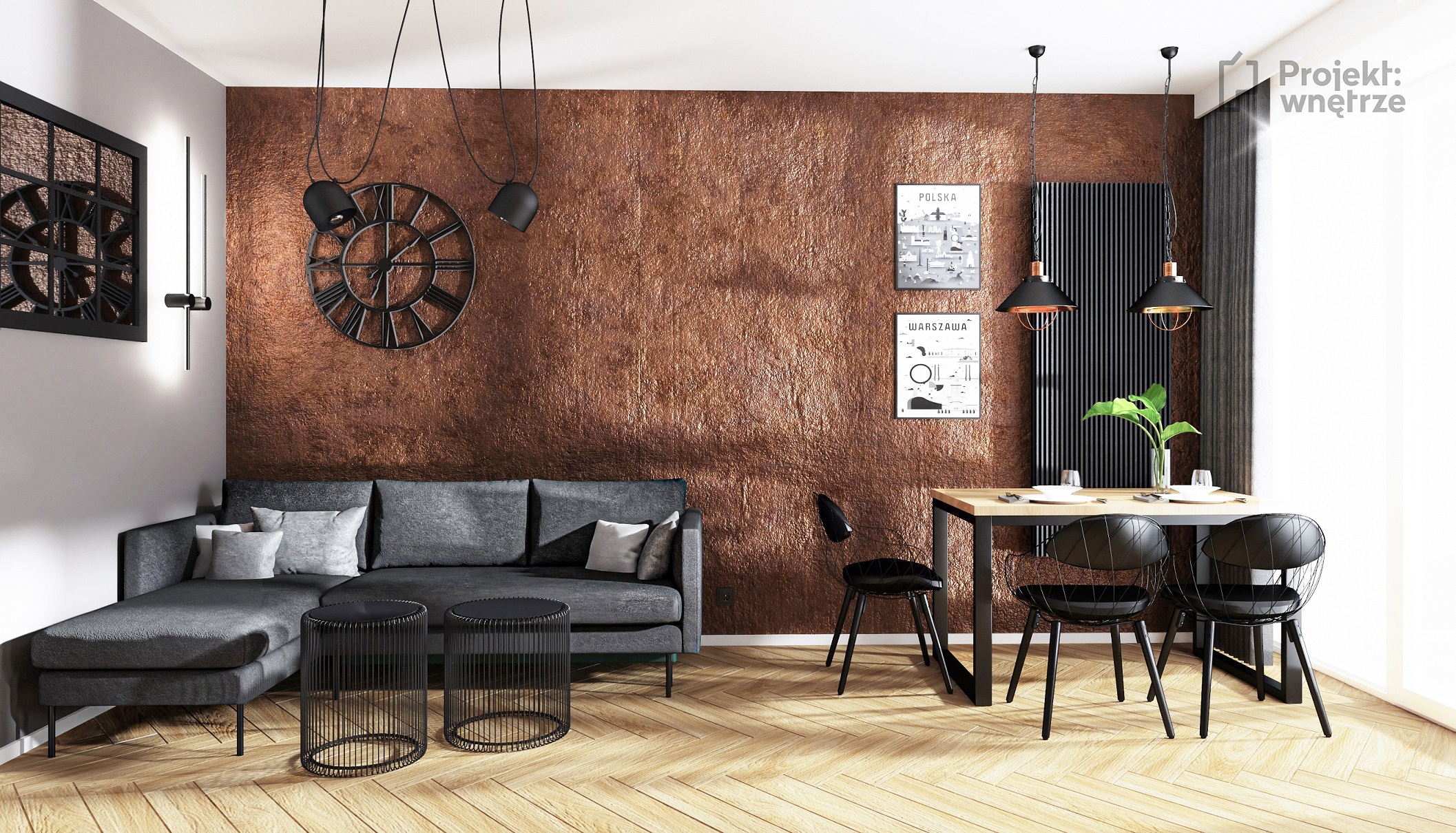 Projekt wnętrze salon w stylu loft cegła ściana jeger oxyd szare czarne lustro loft podłoga jodełka panel winylowy - projektowanie wnętrz Warszawa online (4)