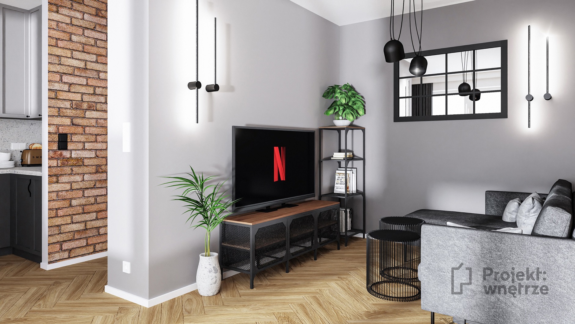 Projekt wnętrze salon w stylu loft cegła ściana jeger oxyd szare czarne lustro loft podłoga jodełka panel winylowy - projektowanie wnętrz Warszawa online (4)