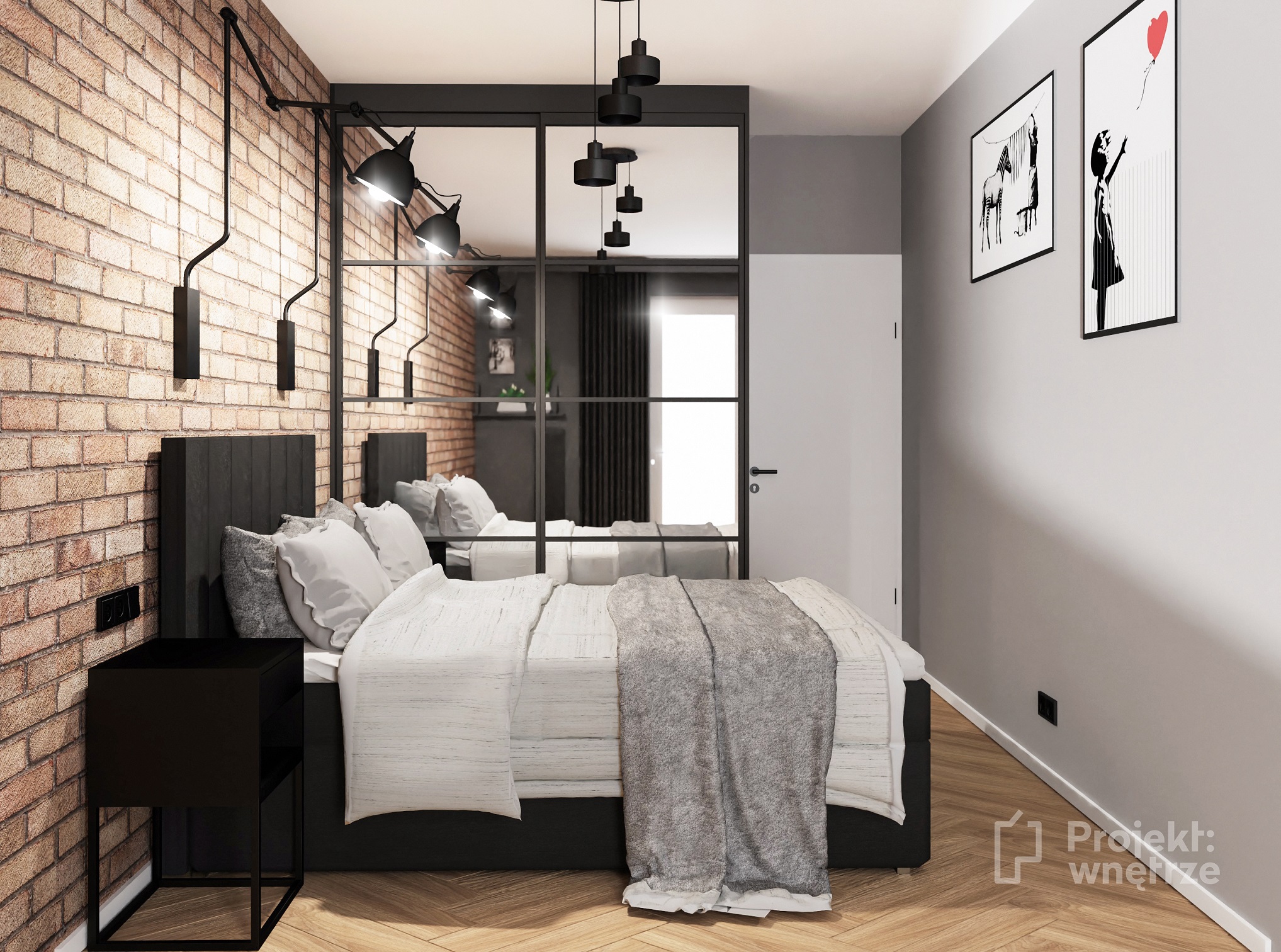 Projekt wnętrze sypialnia w stylu loft cegła czarna szafa ze szprosami customform ikea wikhammer - projektowanie wnętrz Warszawa online (4)