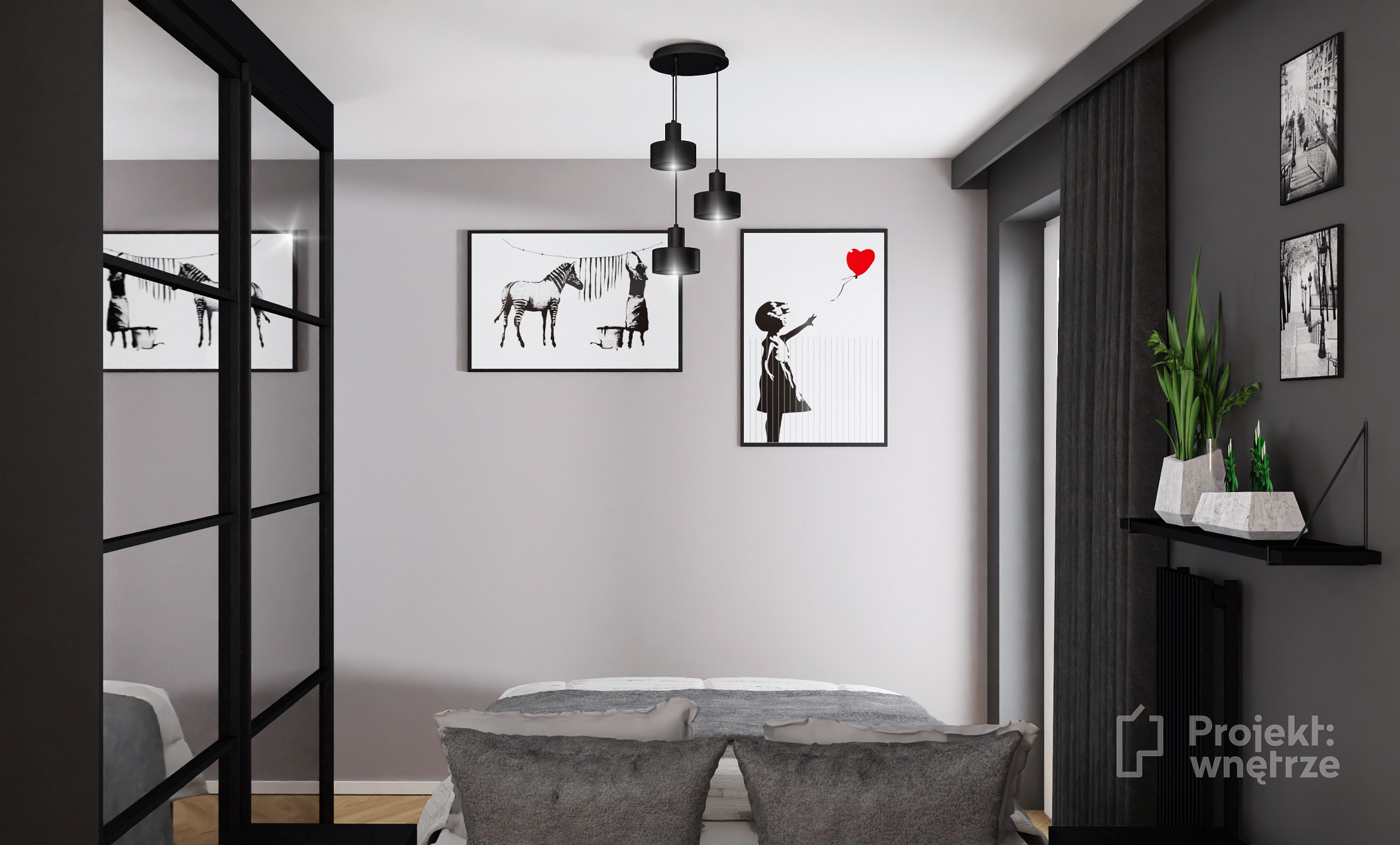 Projekt wnętrze sypialnia w stylu loft cegła czarna szafa ze szprosami customform ikea wikhammer - projektowanie wnętrz Warszawa online (4)