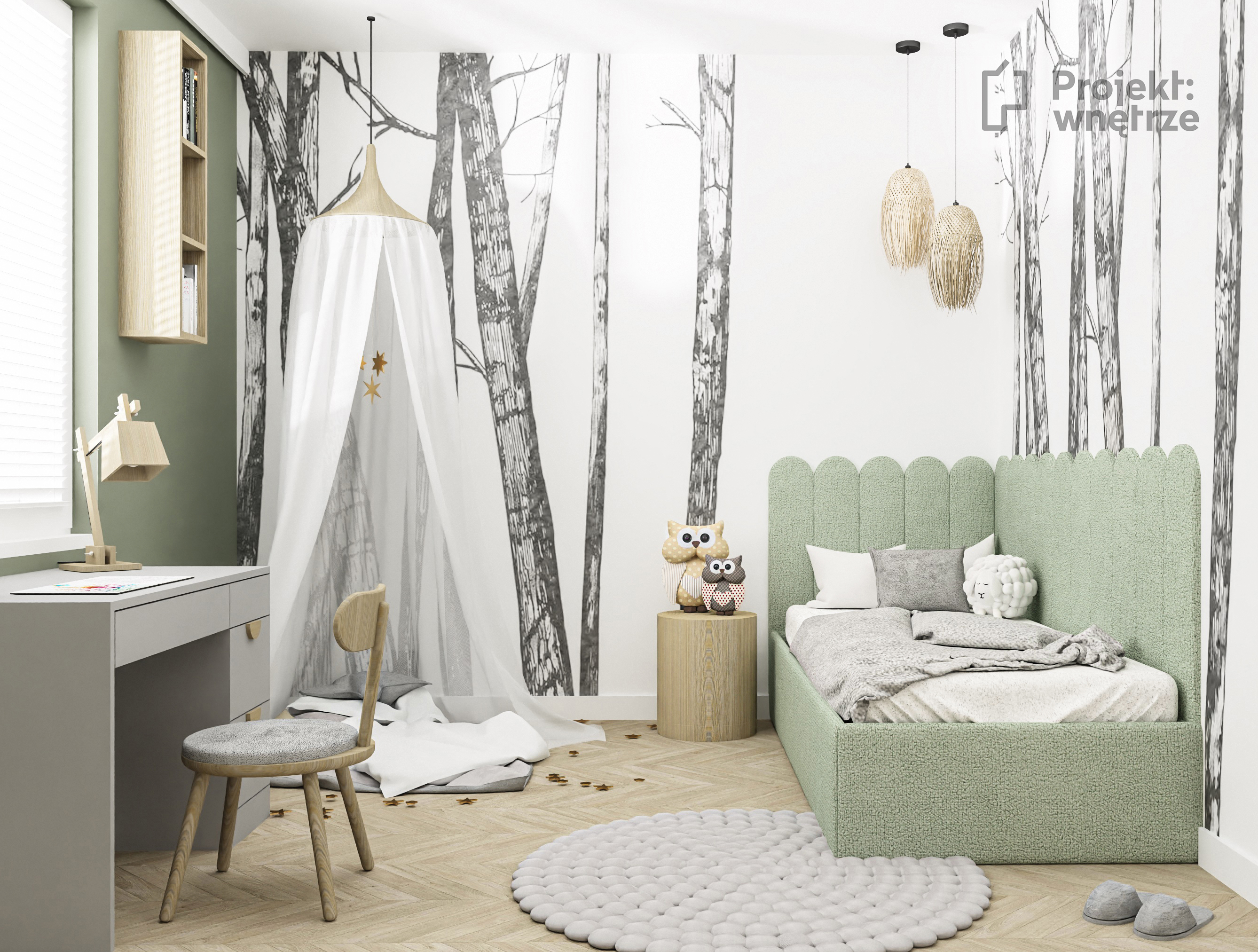 Projekt pokoju dziewczynki szalwia zieleń szarość jodełka tapeta las tapicerowane lozko welur, projektowanie pokojow dzieciecych online