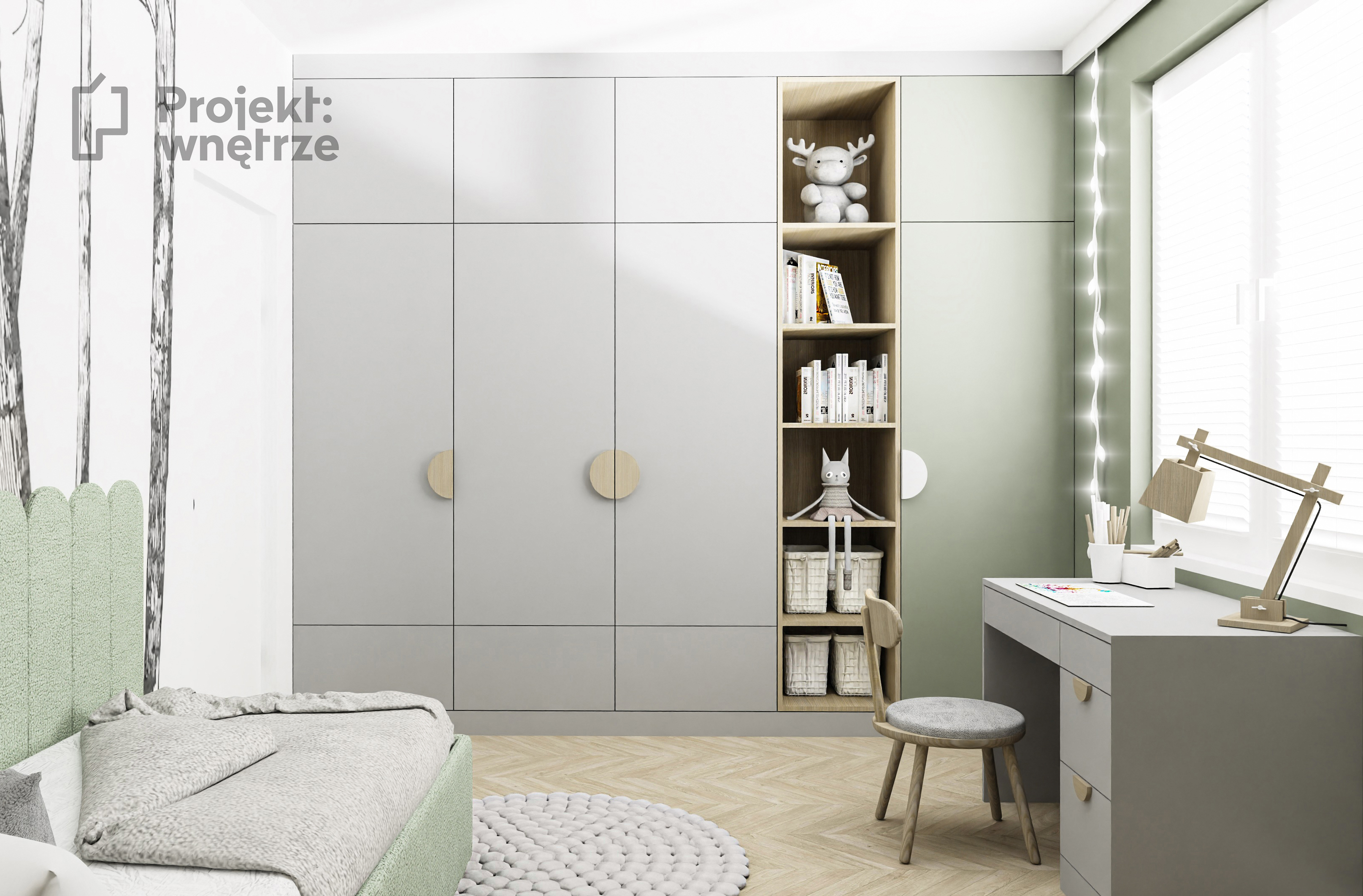 Pokój dziecięcy zielony szary drewno tapeta - projekt pokoju dziecięcego online - www.projektwnetrze.com.pl