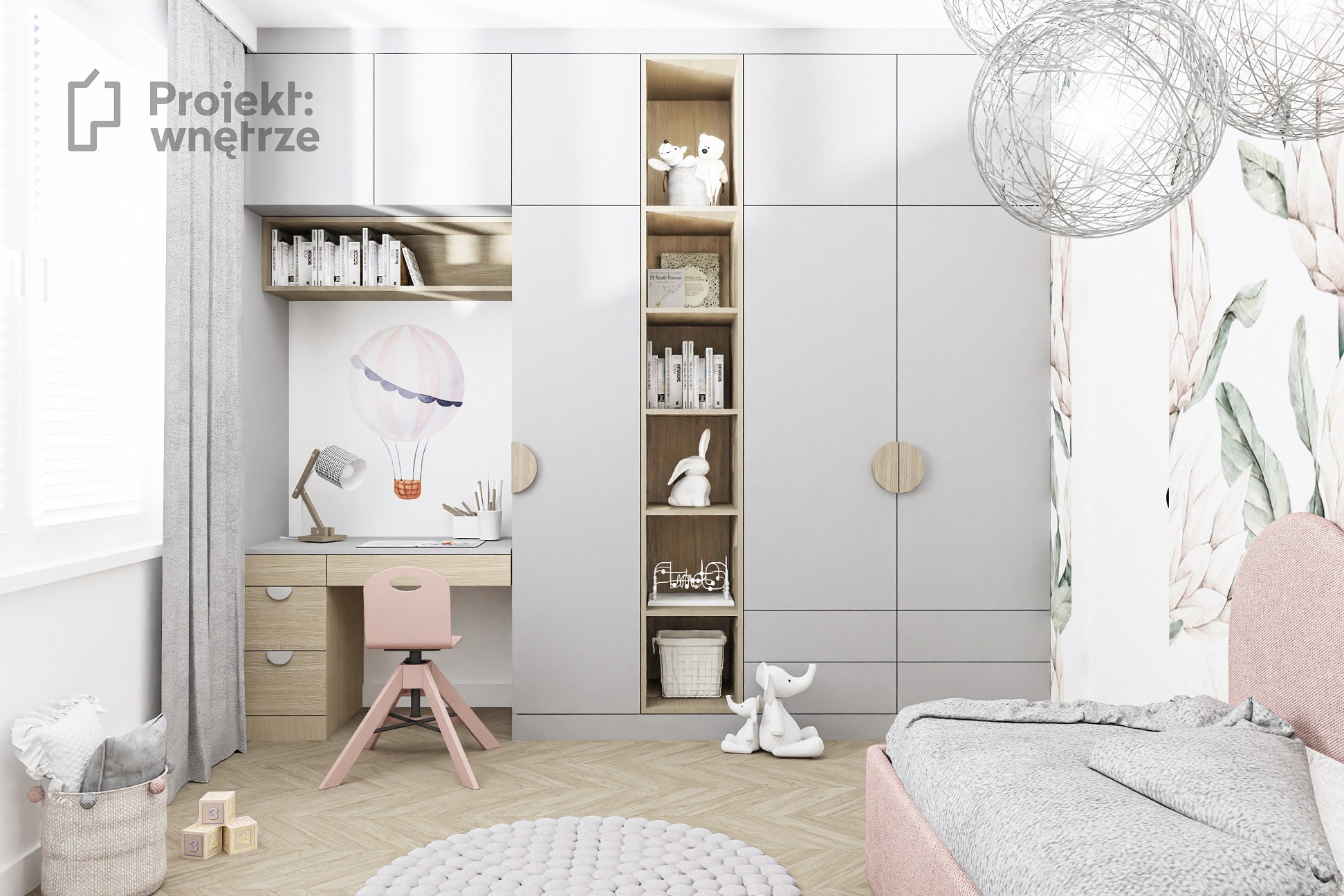 Projekt wnetrze projektowanie wnetrz online projekt pokoju dziewczynki róż pastelowy tapeta kwiaty huśtawka boho łóżko panele www.projektwnetrze.com.pl