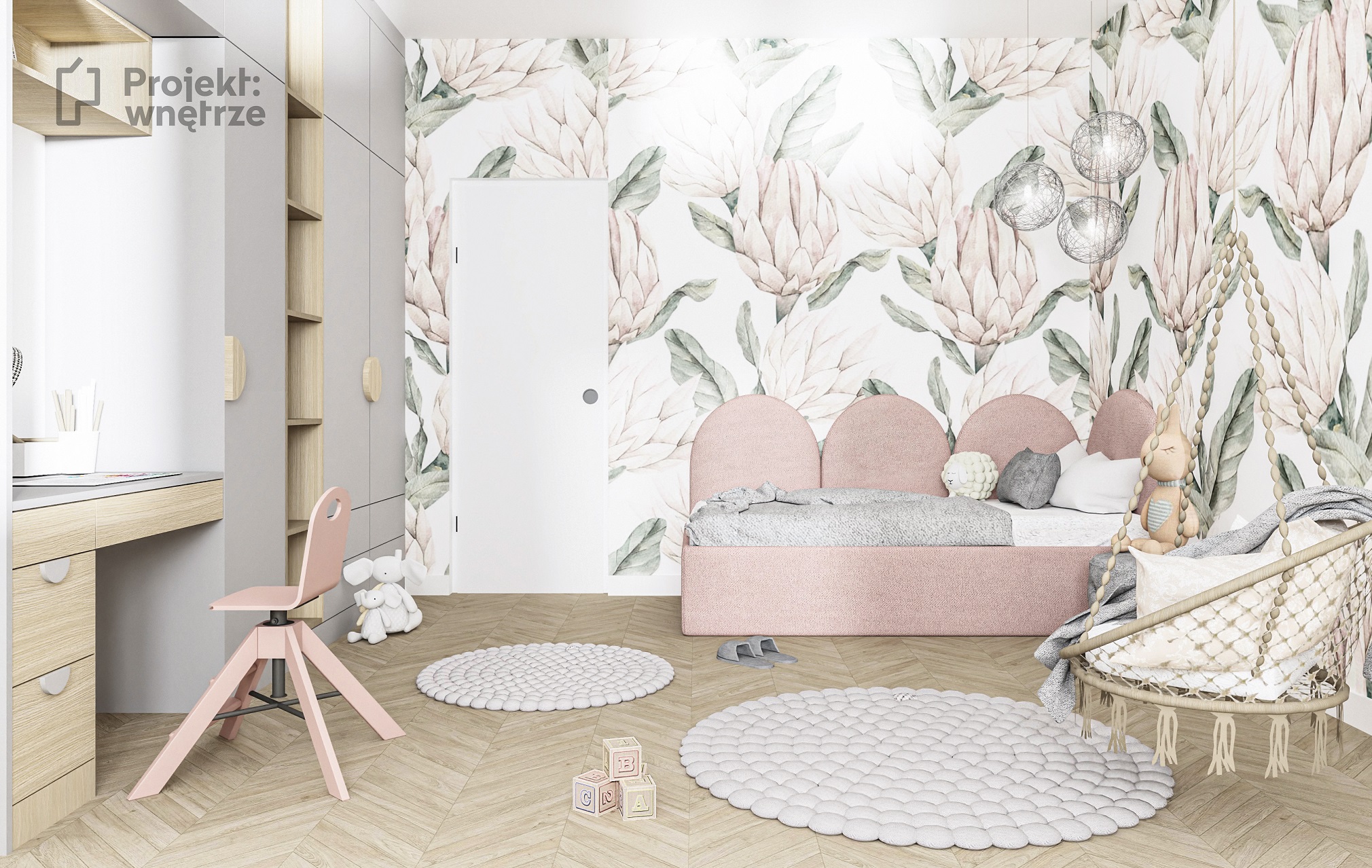 Projekt wnetrze projektant wnetrz online warszawa projekt pokoju dzieciecego szafa zabudowa meblowa róż szary drewno tapeta okragly dywan boho rozowe lozko www.projektwnetrze.com.pl