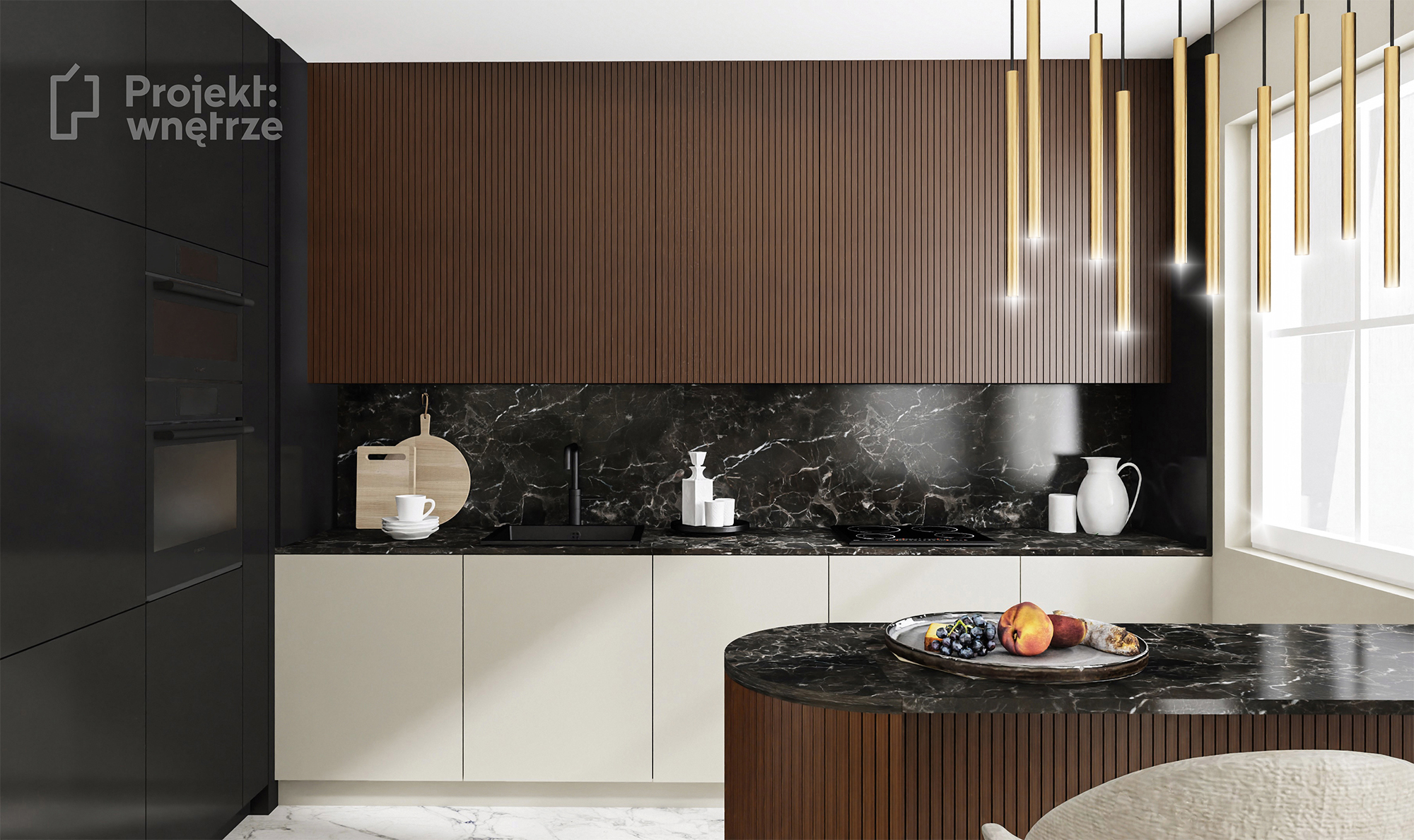 l ciemny aneks kuchenny drewno beż brąz czarne marmur wyspa lamelki czarny blat marmur szafki deseczki złota lampa PROJEKT WNĘTRZE projektowanie wnetrz online Warszawa www.projektwnetrze.com.pl