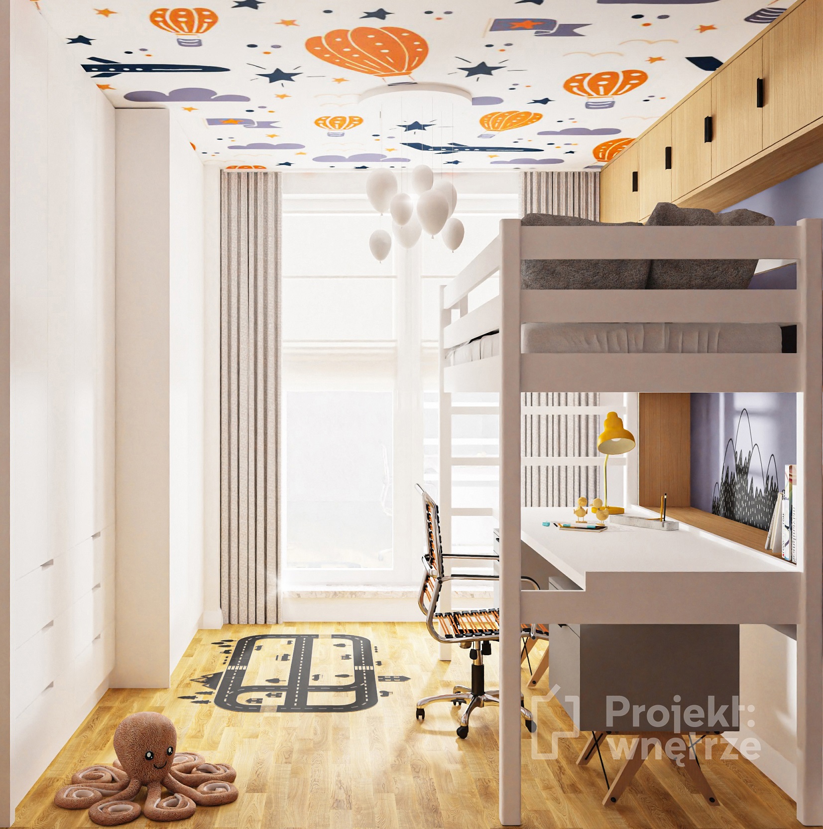 Projekt pokoju dziecka tapeta błękit łóżko z antresolą łóżko z biurkiem projektowanie wnetrz warszawa online projekt: wnetrze www.projektwnetrze.com.pl
