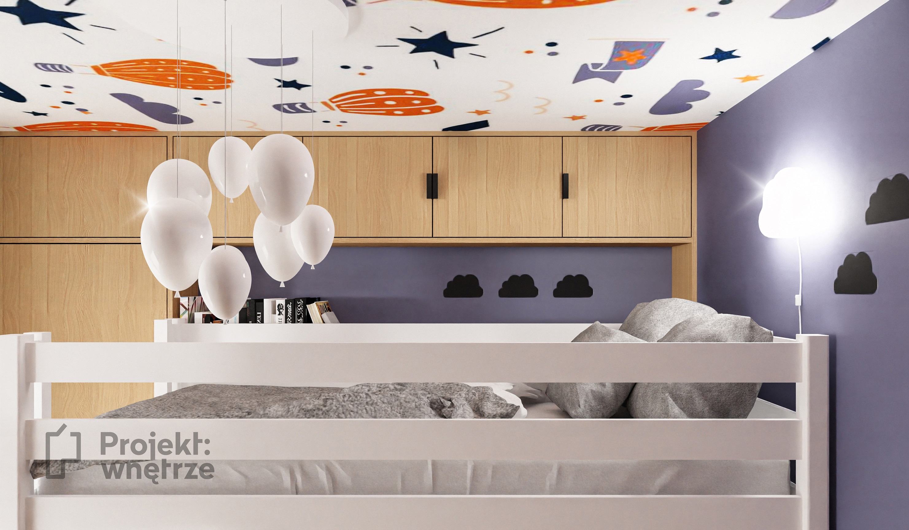 PROJEKT WNĘTRZE projektowanie wnetrz online Warszawa www.projektwnetrze.com.pl łóżko dla dziecka z antresolą biurkiem tapeta chmurki błękit pokój chłopca
