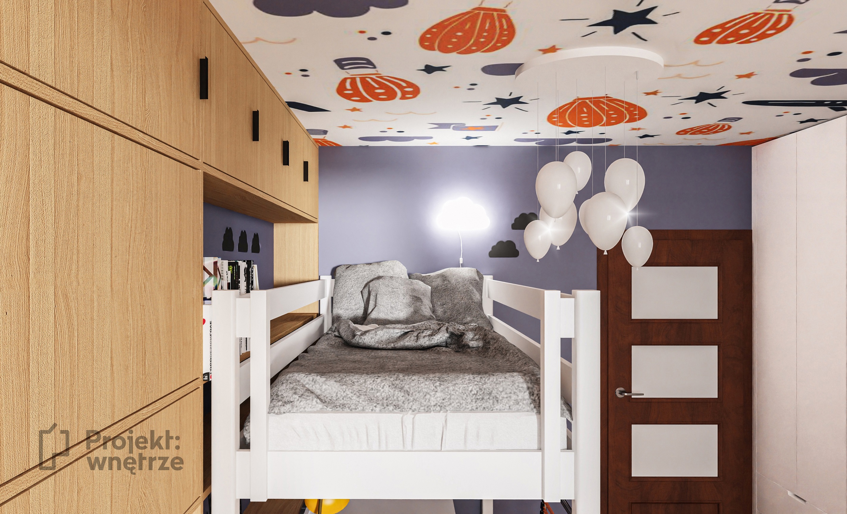 Projekt pokoju dziecka tapeta błękit łóżko z antresolą łóżko z biurkiem projektowanie wnetrz warszawa online projekt: wnetrze www.projektwnetrze.com.pl