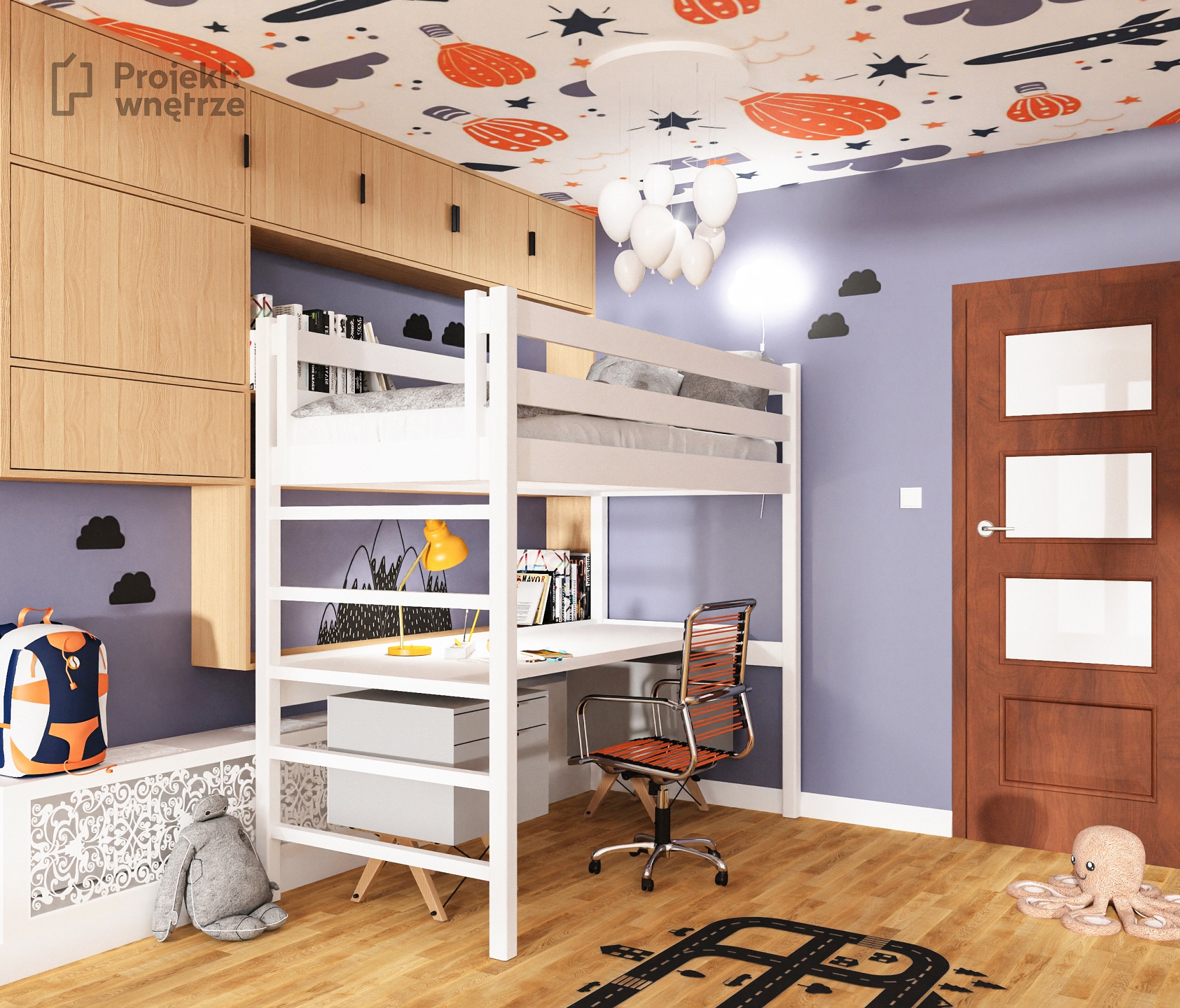 projekt wnetrze projektowanie wnetrz warszawa projekt pokoju dziecka cena piekne pokoje dzieci tapeta na suficie blekit chmurki balony