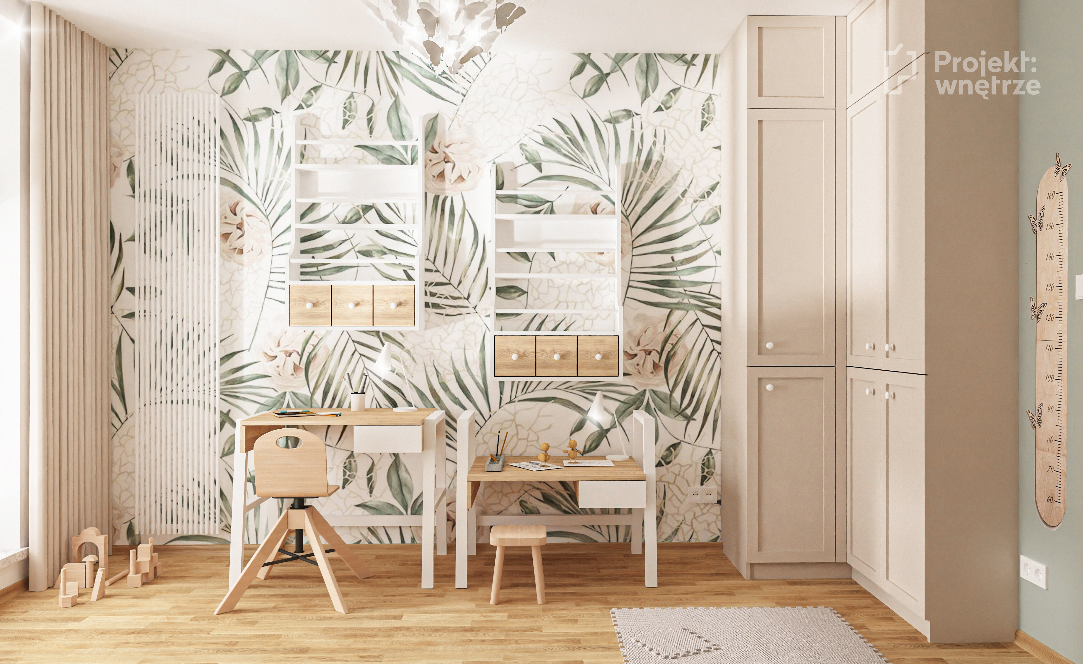 Projekt wnętrze projektowanie wnetrz online warszawa Projekt pokoju dziewczynki pastelowy róż zieleń kwiaty mięta tapeta