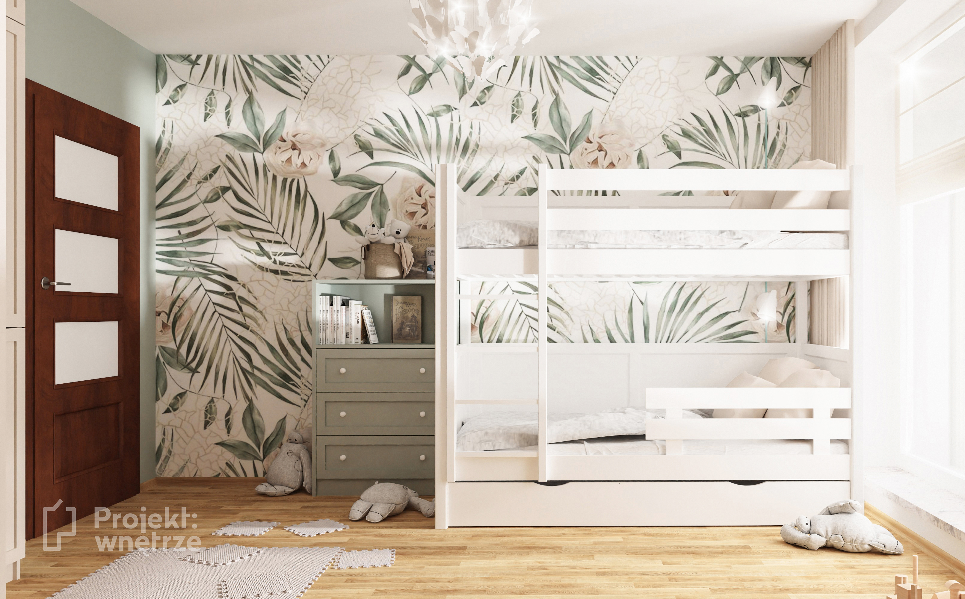 Projekt pokoju dziecięcego pastelowy pokój dziewczynek róż zieleń tapeta kwiaty białe łóżko piętrowe