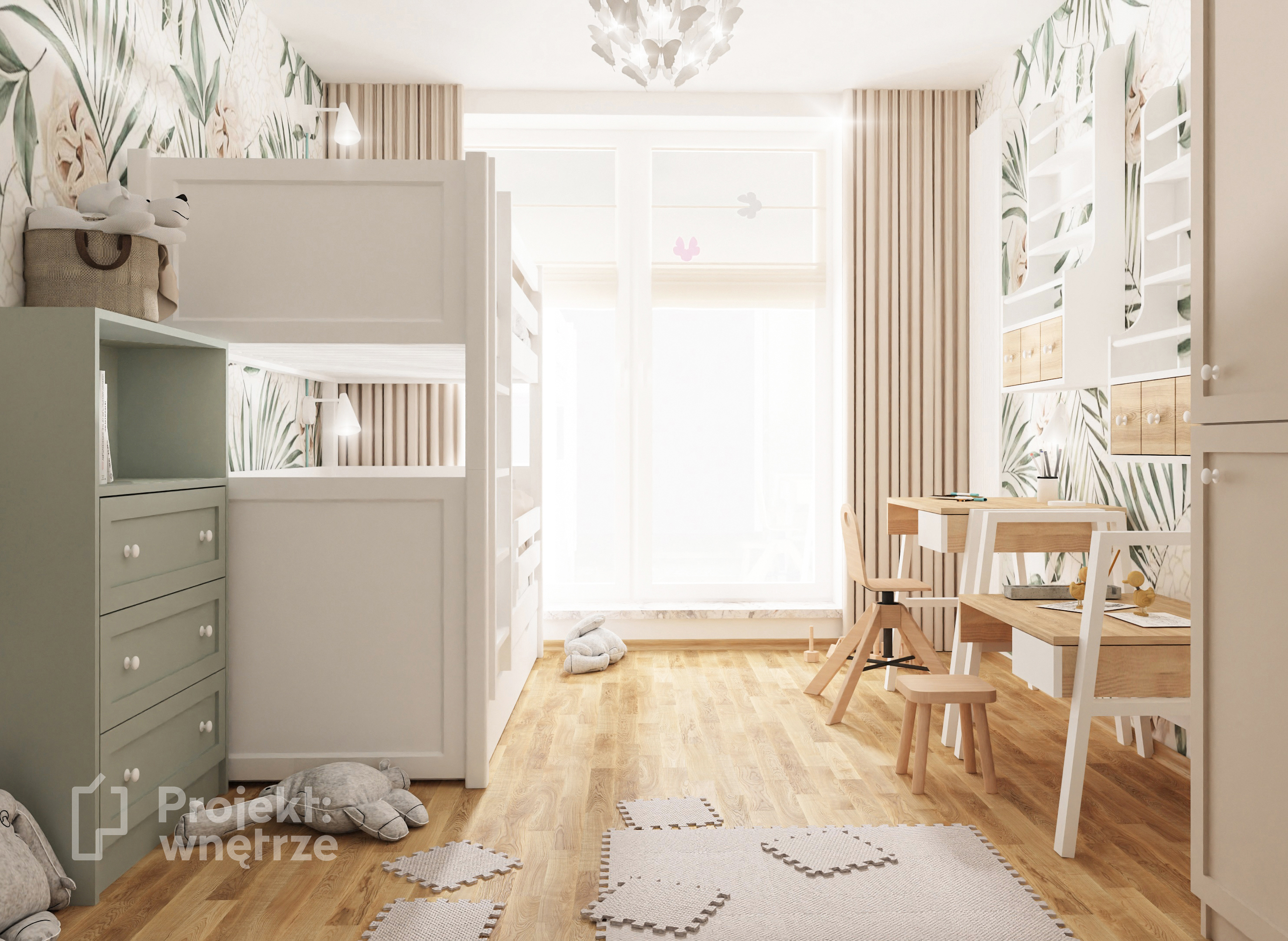 Projekt wnętrze projektowanie wnetrz online warszawa Projekt pokoju dziewczynki pastelowy róż zieleń kwiaty mięta tapeta