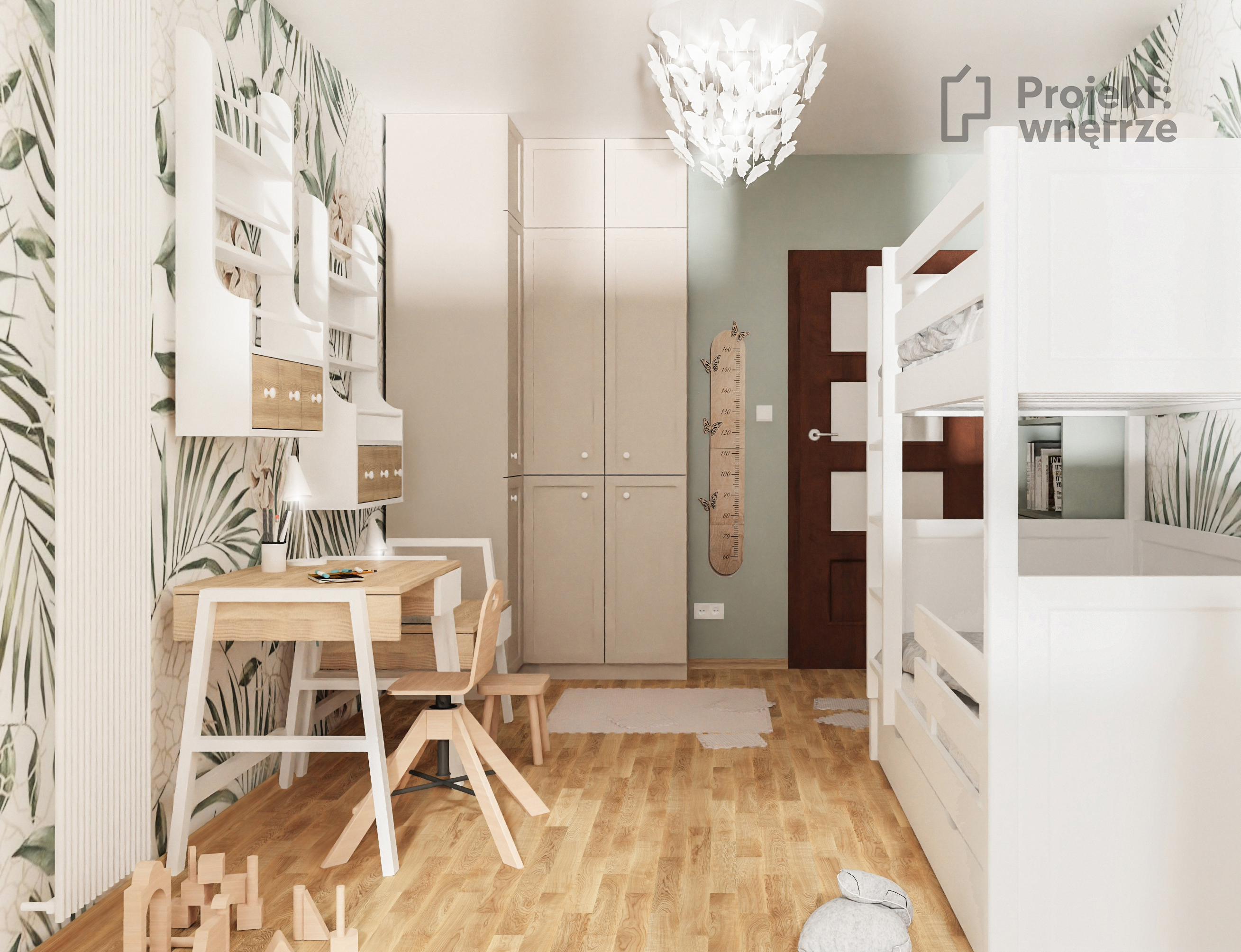 Projekt pokoju dziecięcego pastelowy pokój dziewczynek róż zieleń tapeta kwiaty białe łóżko piętrowe