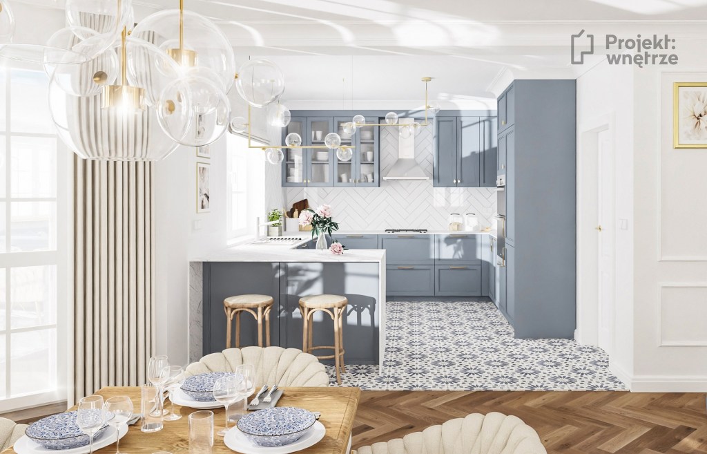 Projekt wnętrze warszawa projektowanie wnętrz online www.projektwnetrze.com.pl niebieska kuchnia błękit cegiełka biała jodełka blat marmur spiew płytki patchwork w kuchni złote lampy wyspa (1