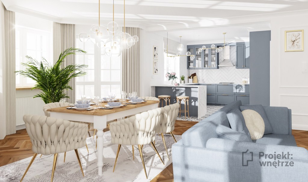 Projekt wnętrze warszawa projektowanie wnętrz online www.projektwnetrze.com.pl elegancki salon jadalnia w stylu glamour klasycznym beż błękit sztukateria złote lampy podłoga jodełka (4)