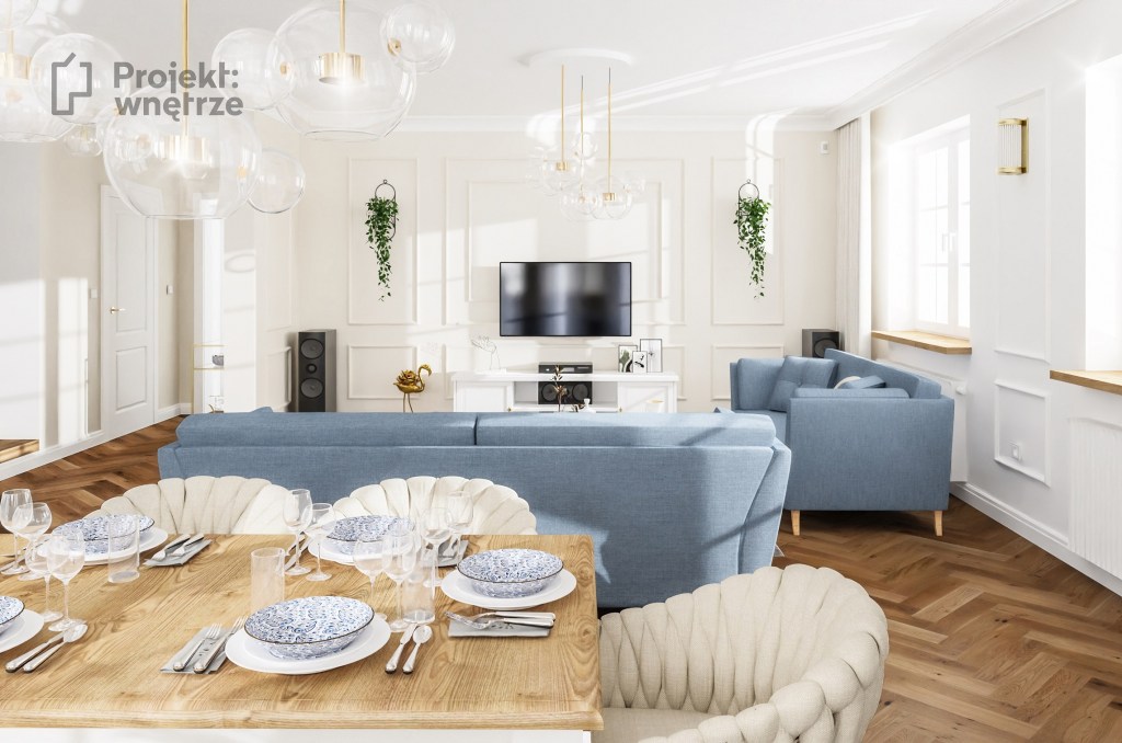 Projekt wnętrze warszawa projektowanie wnętrz online www.projektwnetrze.com.pl elegancki salon jadalnia w stylu glamour klasycznym beż błękit sztukateria złote lampy podłoga jodełka (4)
