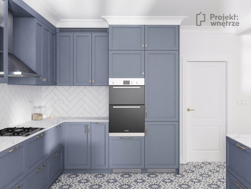 Projekt wnętrze warszawa projektowanie wnętrz online www.projektwnetrze.com.pl niebieska kuchnia błękit cegiełka biała jodełka blat marmur spiew płytki patchwork w kuchni złote lampy wyspa (1