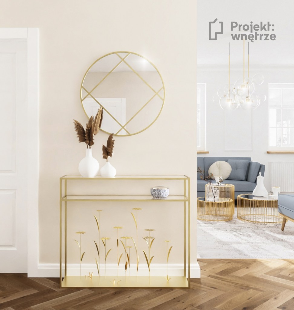 Projekt wnętrze warszawa projektowanie wnętrz online www.projektwnetrze.com.pl salon korytarz beżowy złota konsola lustro elegancki hol