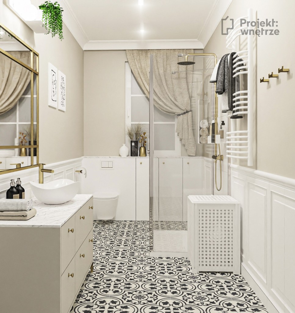 Projekt wnętrze warszawa projektowanie wnętrz online www.projektwnetrze.com.pl wąska łazienka beżowa biel płytki patchwork elegancka złote lustro dodatki płytki angielskie tubądzin royal plac (4)