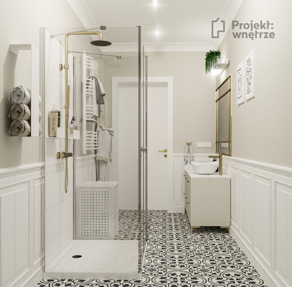 Projekt wnętrze warszawa projektowanie wnętrz online www.projektwnetrze.com.pl wąska łazienka beżowa biel płytki patchwork elegancka złote lustro dodatki płytki angielskie tubądzin royal plac (4)