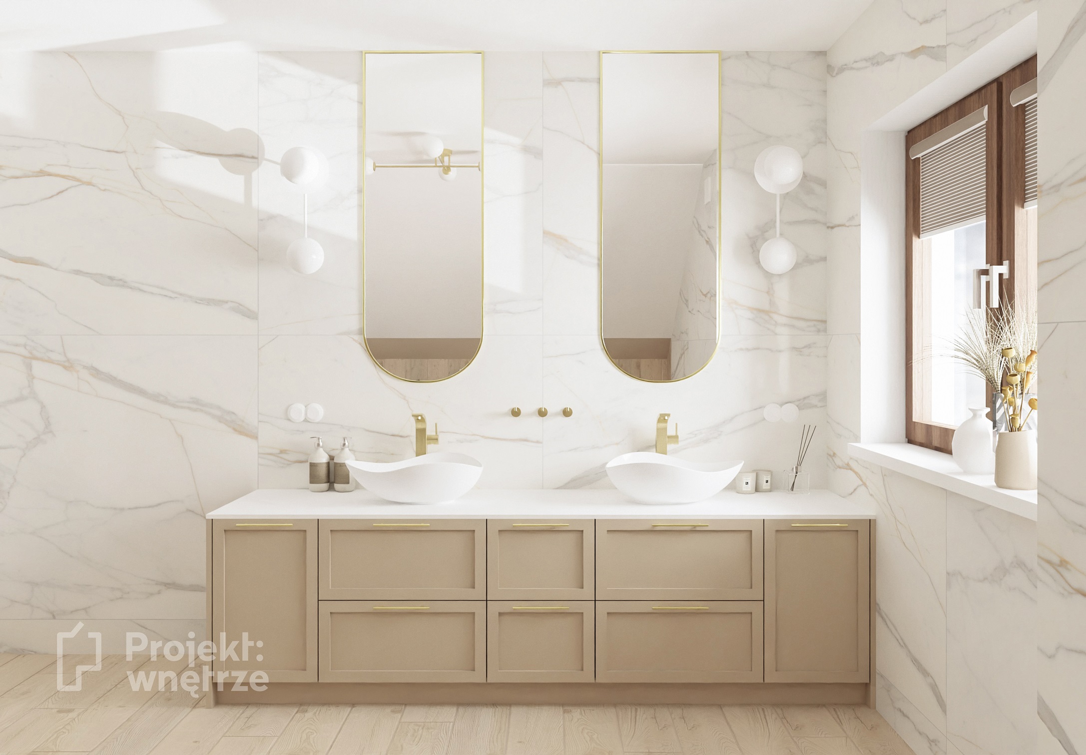 Projekt wnętrze beżowa łazienka pod skosem marmur drewno złoto tubądzin roca ohtake wanna przyścienna okrągła lampa projektowanie wnetrz online warszawa www.projektwnetrze.com