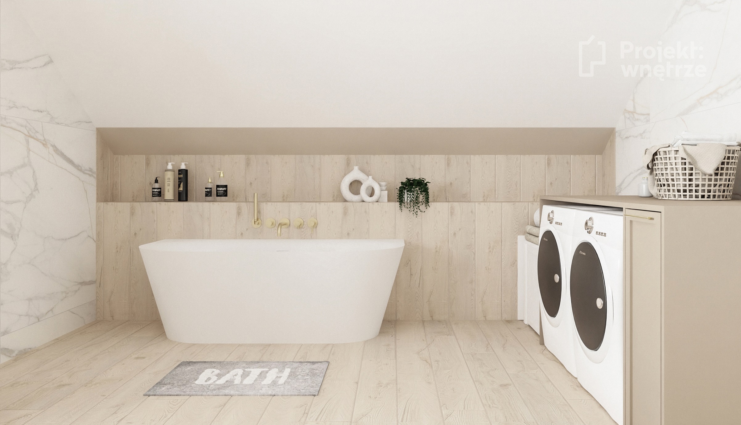 Projekt wnętrze beżowa łazienka pod skosem marmur drewno złoto tubądzin roca ohtake wanna przyścienna okrągła lampa projektowanie wnetrz online warszawa www.projektwnetrze.com