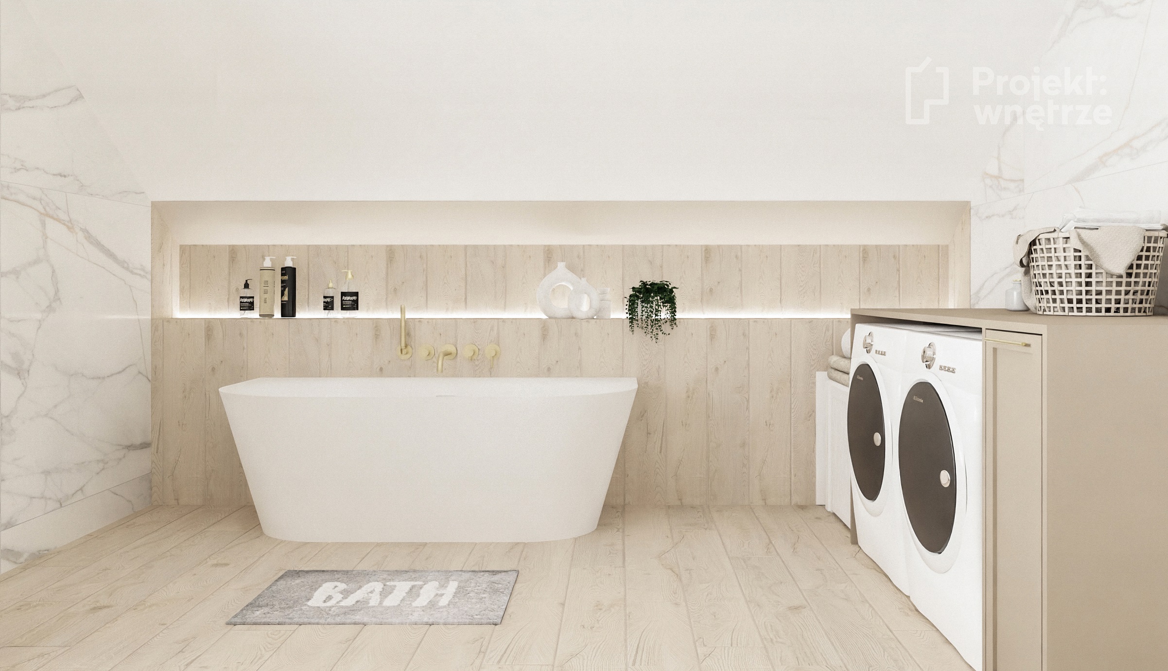 Projekt wnętrze beżowa łazienka pod skosem marmur drewno złoto tubądzin roca ohtake wanna przyścienna okrągła lampa projektowanie wnetrz online warszawa www.projektwnetrze.com