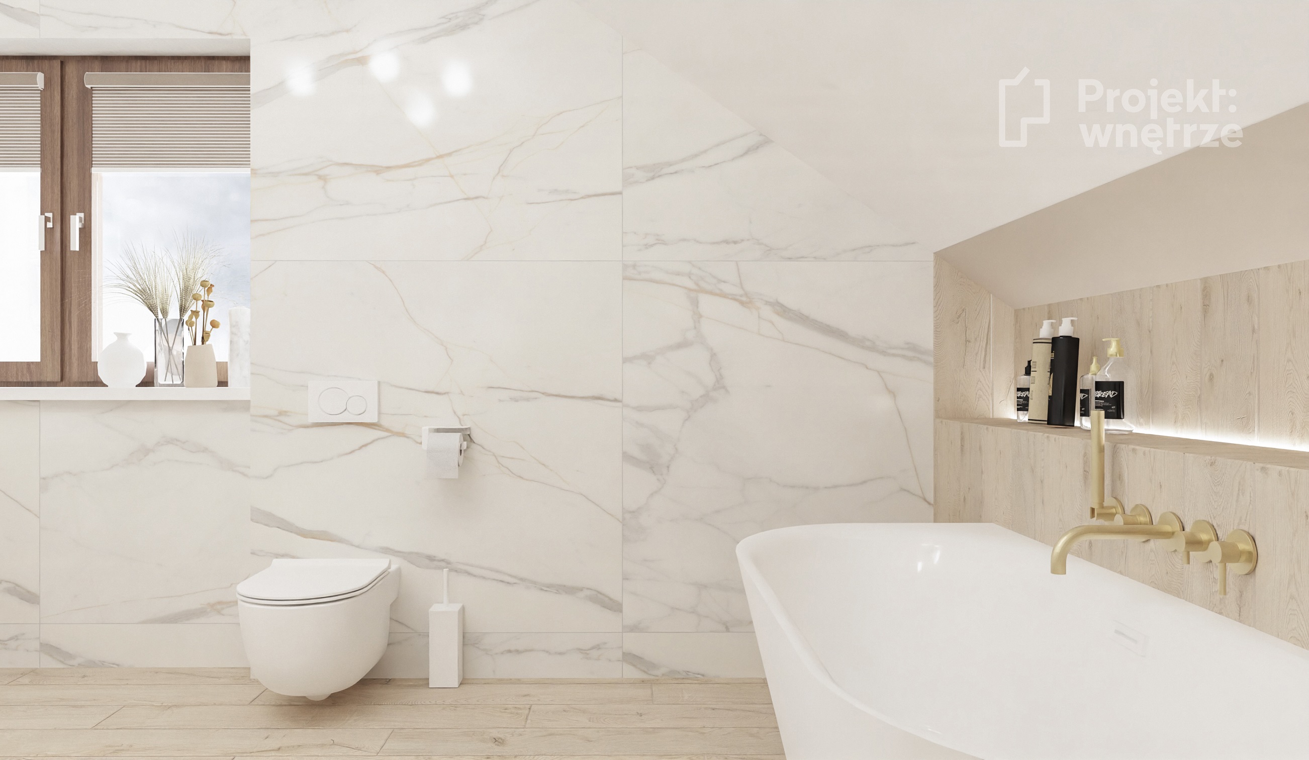 Projekt wnętrze beżowa łazienka pod skosem marmur drewno złoto tubądzin roca ohtake wanna przyścienna okrągła lampa projektowanie wnetrz online warszawa www.projektwnetrze.com