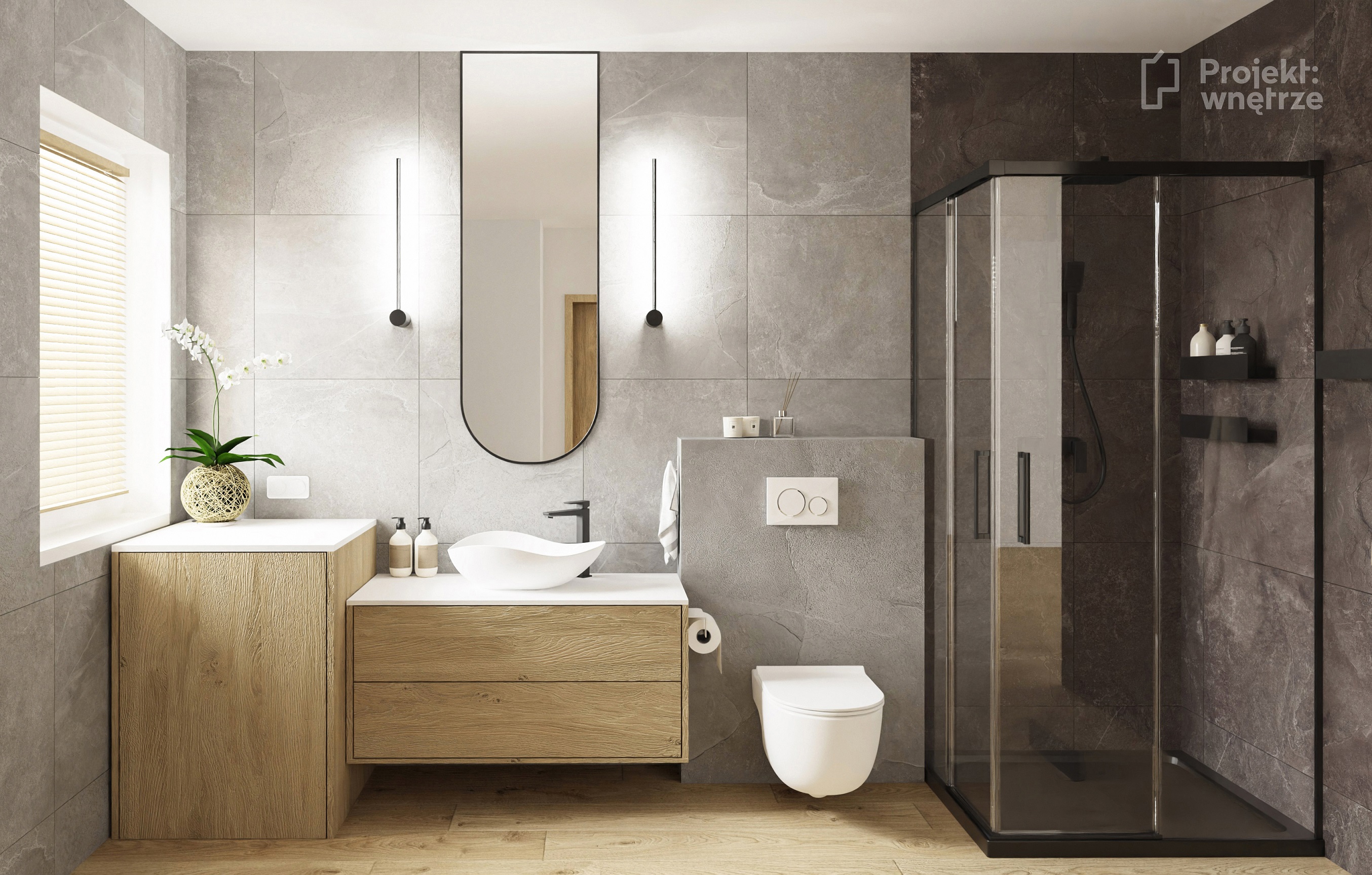Projekt wnetrze japandi lazienka boho drewno kamien szare czarne płytki grand cave www.projektwnetrze.com