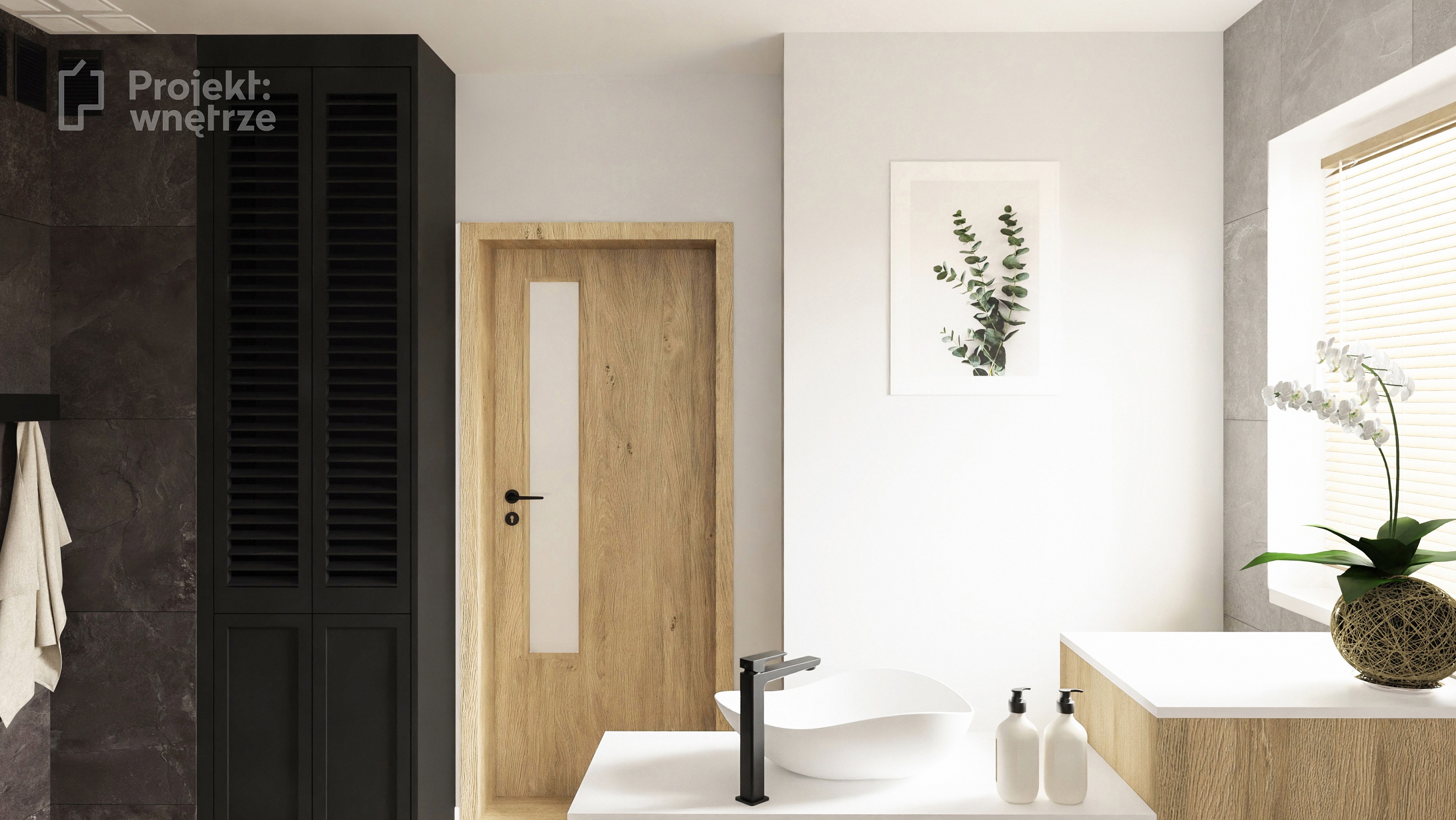 Projekt wnetrze japandi lazienka boho drewno kamien szare czarne płytki grand cave www.projektwnetrze.com