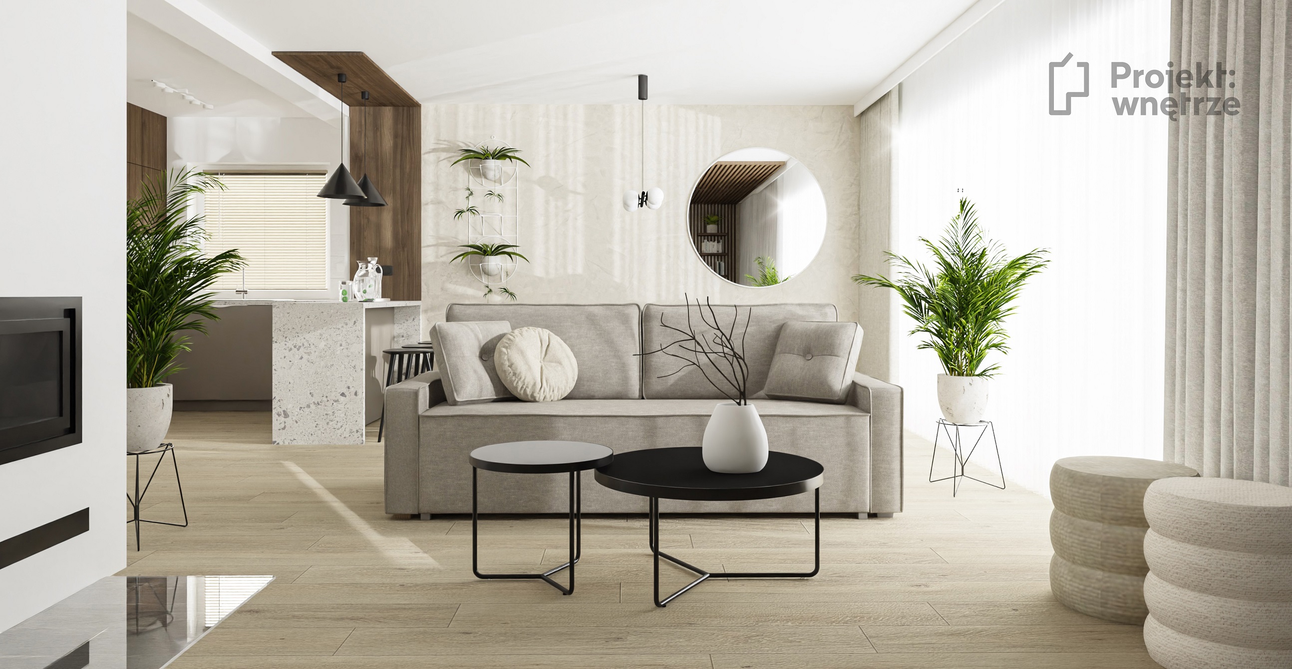 Projekt wnętrze japandi salon kuchnia beż drewno szarość czerń jasne panele lamele na suficie www.projektwnetrze.com