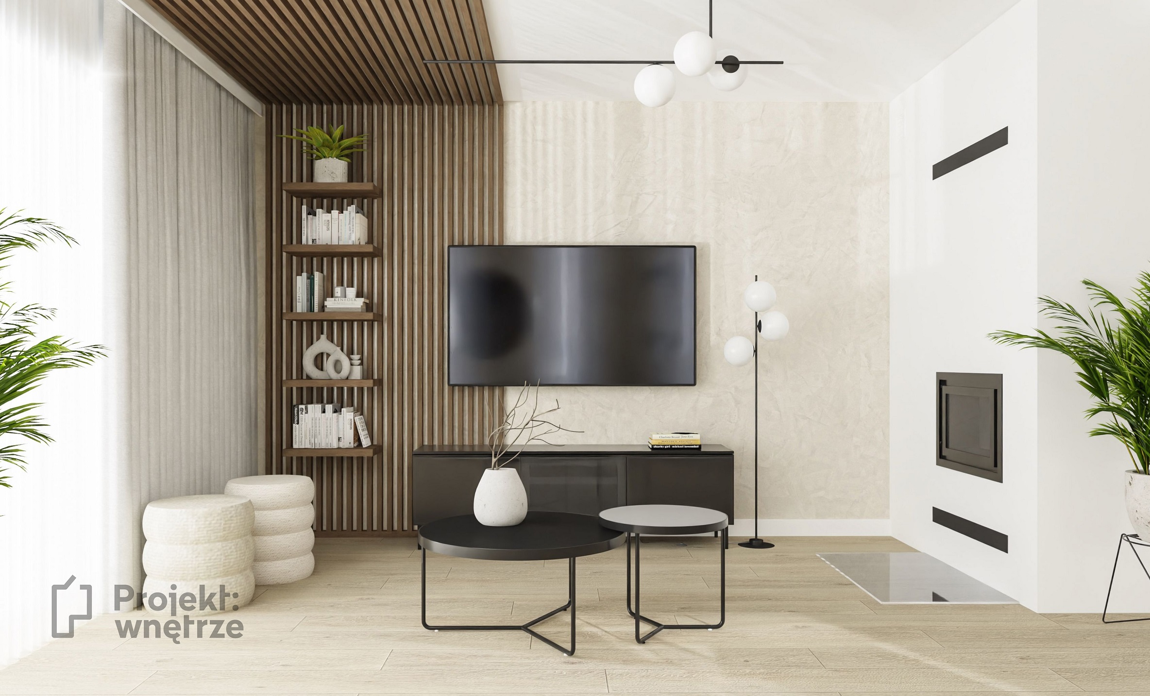 Projekt wnętrze japandi salon kuchnia beż drewno szarość czerń jasne panele lamele na suficie www.projektwnetrze.com