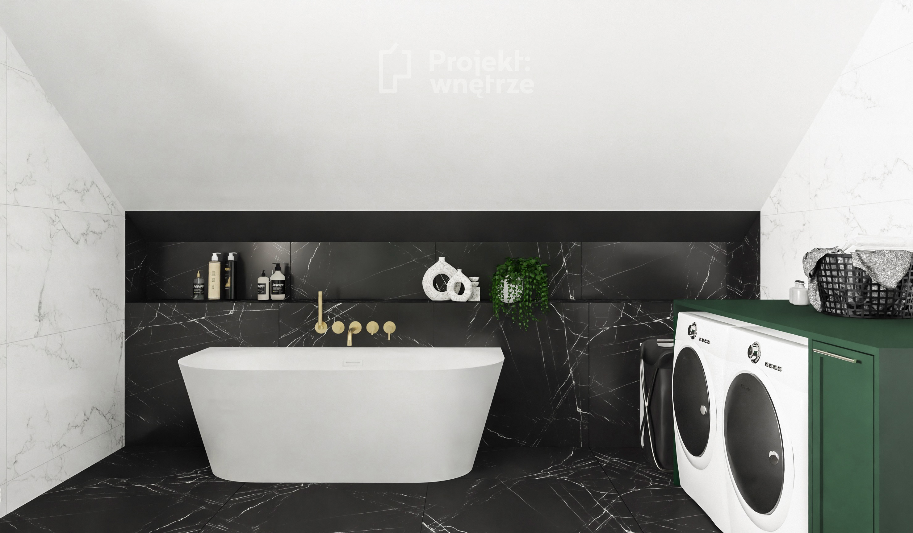 Projekt wnętrze warszawa online projekt łazienki zielone płytki cegiełki equipe czarne płytki marmur wanna przyścienna 2 umywalki zielona szafka www.projektwnetrze.com