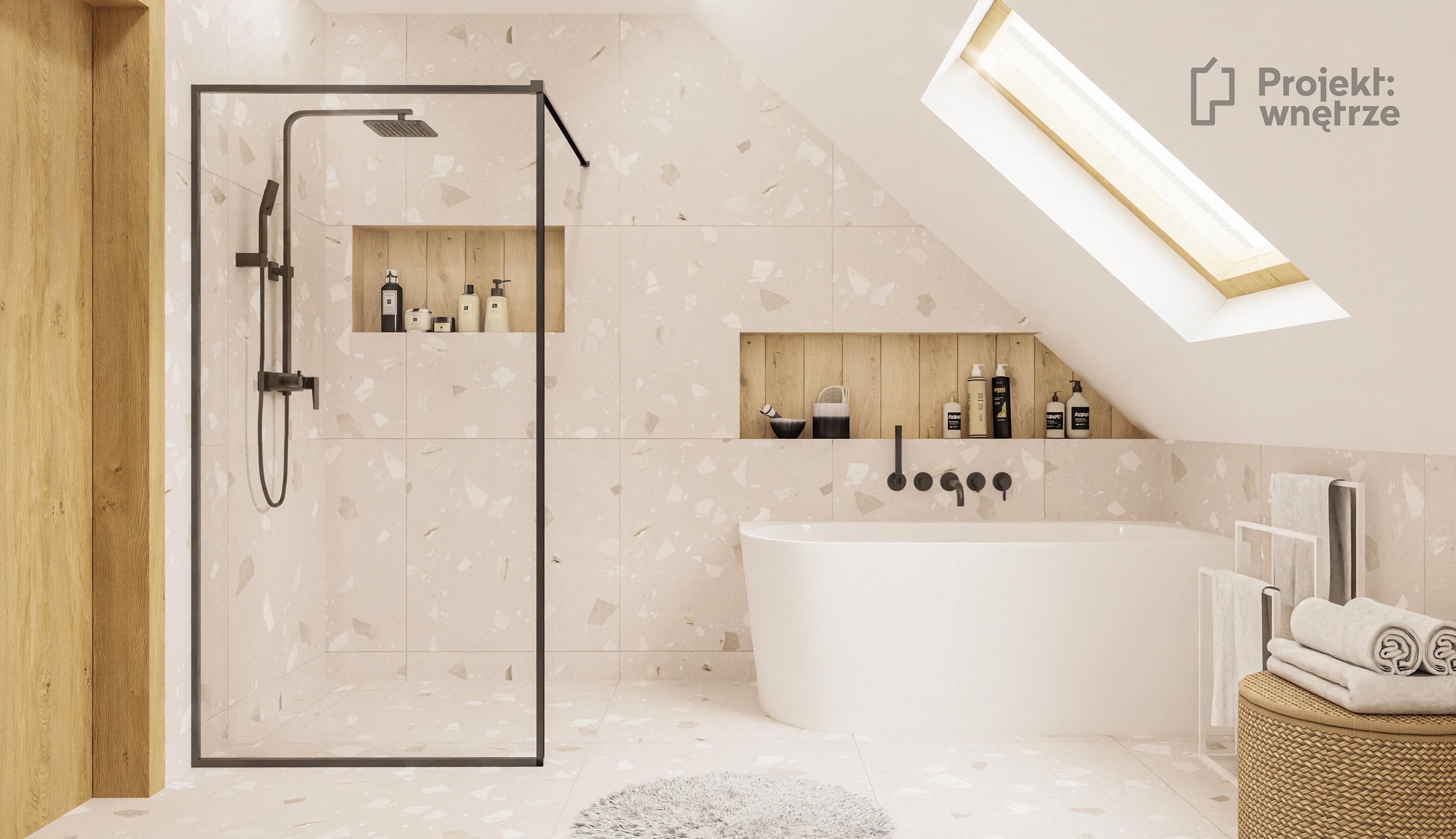Projekt wnetrze beżowa łazienka drewno lastryko terrazzo projekt lazienki pod skosem w domu 2023 www.projektwnetrze.com