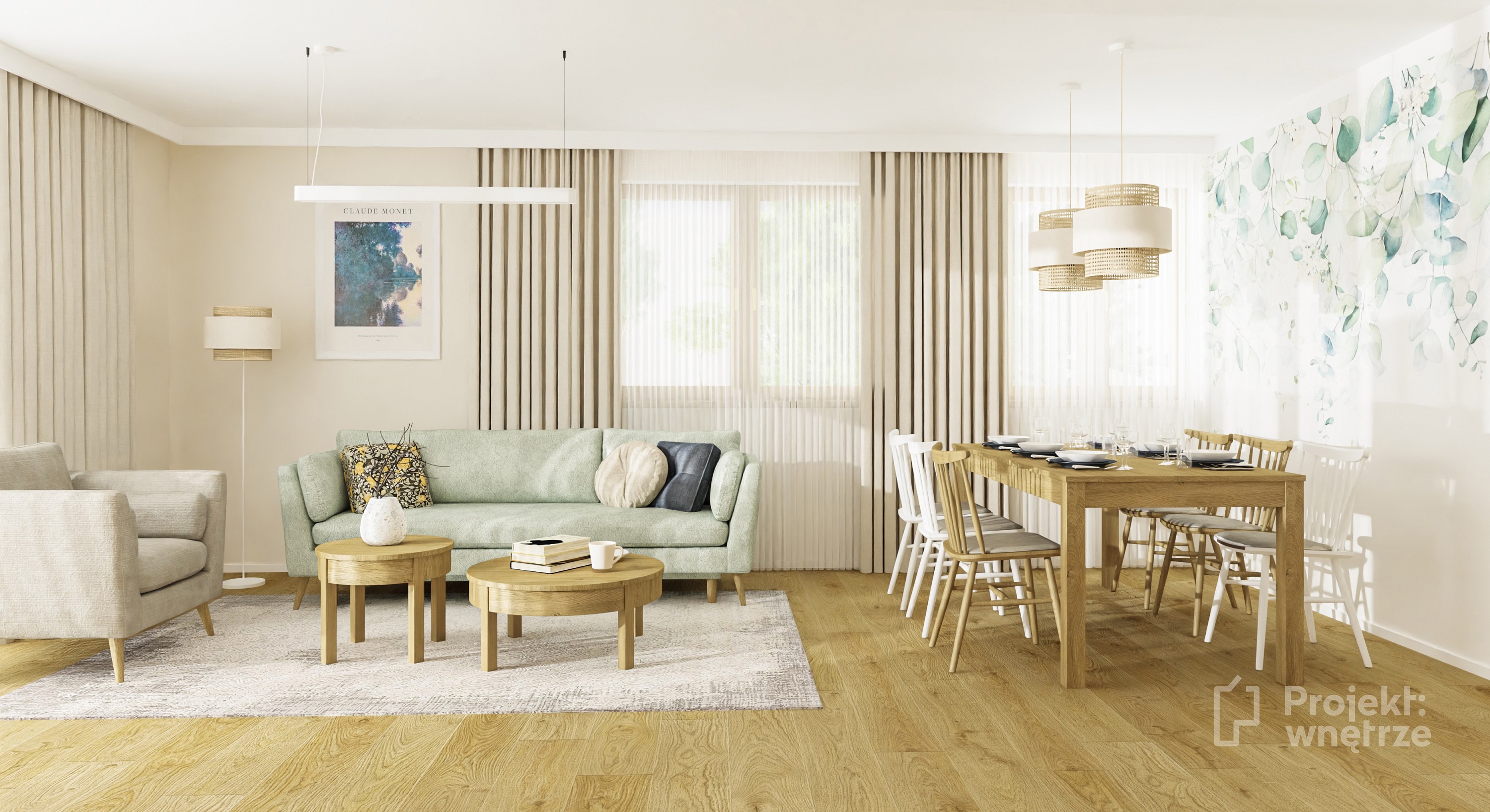 Projekt wnetrze pracownia projektowania wnetrz beżowy salon drewno zielona tapeta przytulne boho japandi www.projektwnetrze.com