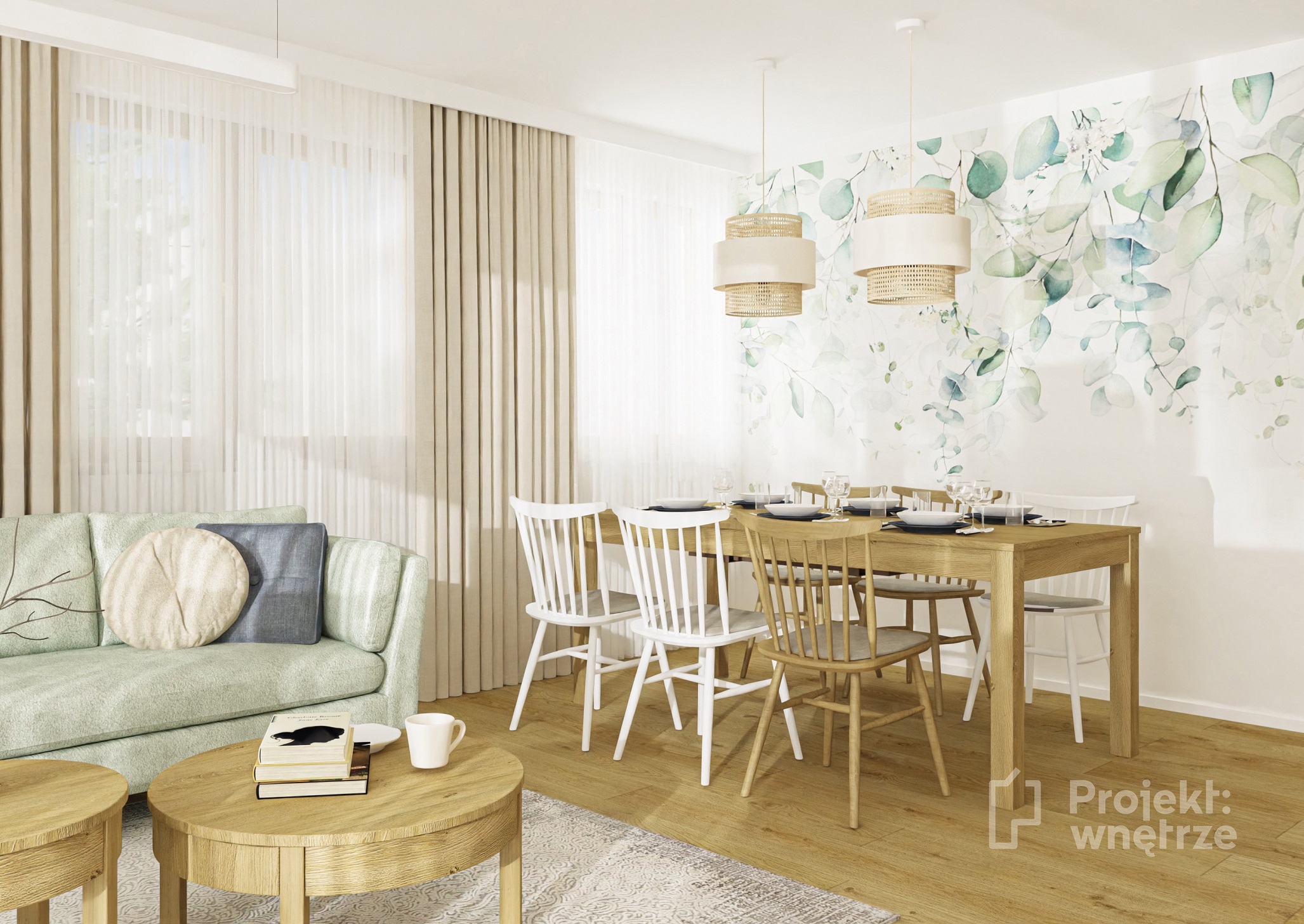 Projekt wnetrze pracownia projektowania wnetrz beżowy salon drewno zielona tapeta przytulne boho japandi www.projektwnetrze.com