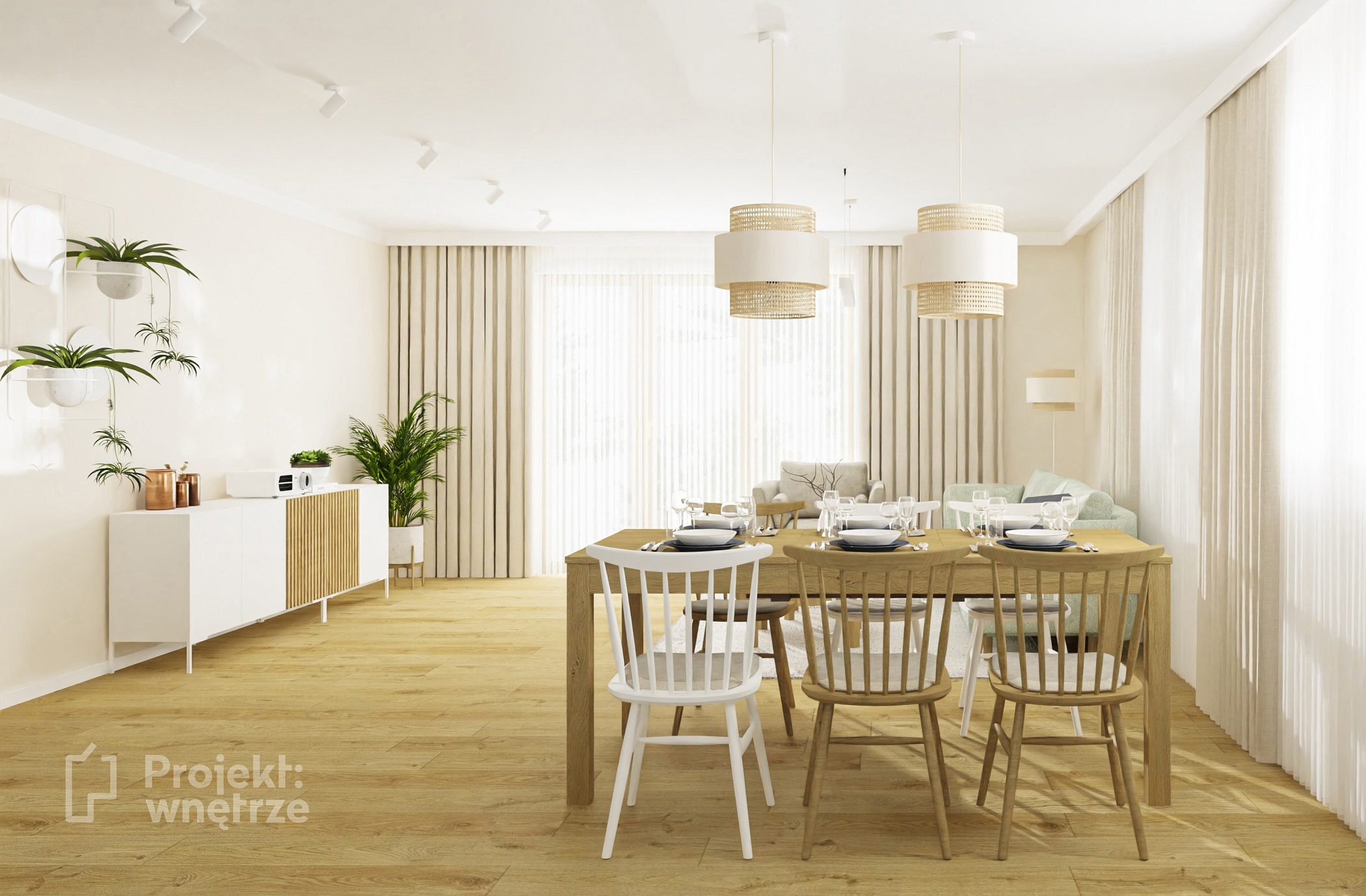 Projekt wnetrze pracownia projektowania wnetrz beżowy salon drewno zielona tapeta przytulne boho japandi www.projektwnetrze.com