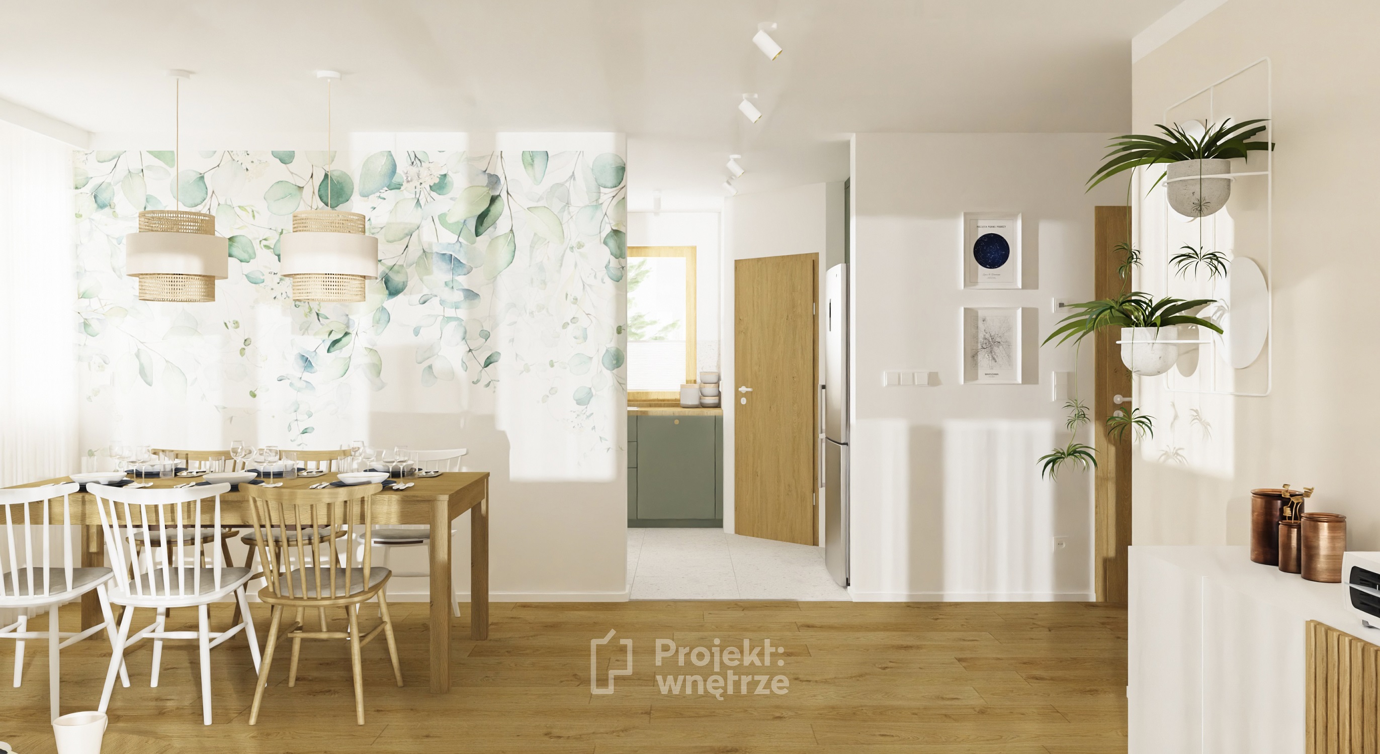 Projekt wnetrze pracownia projektowania wnetrz beżowy salon drewno zielona tapeta przytulne boho japandi www.projektwnetrze.com