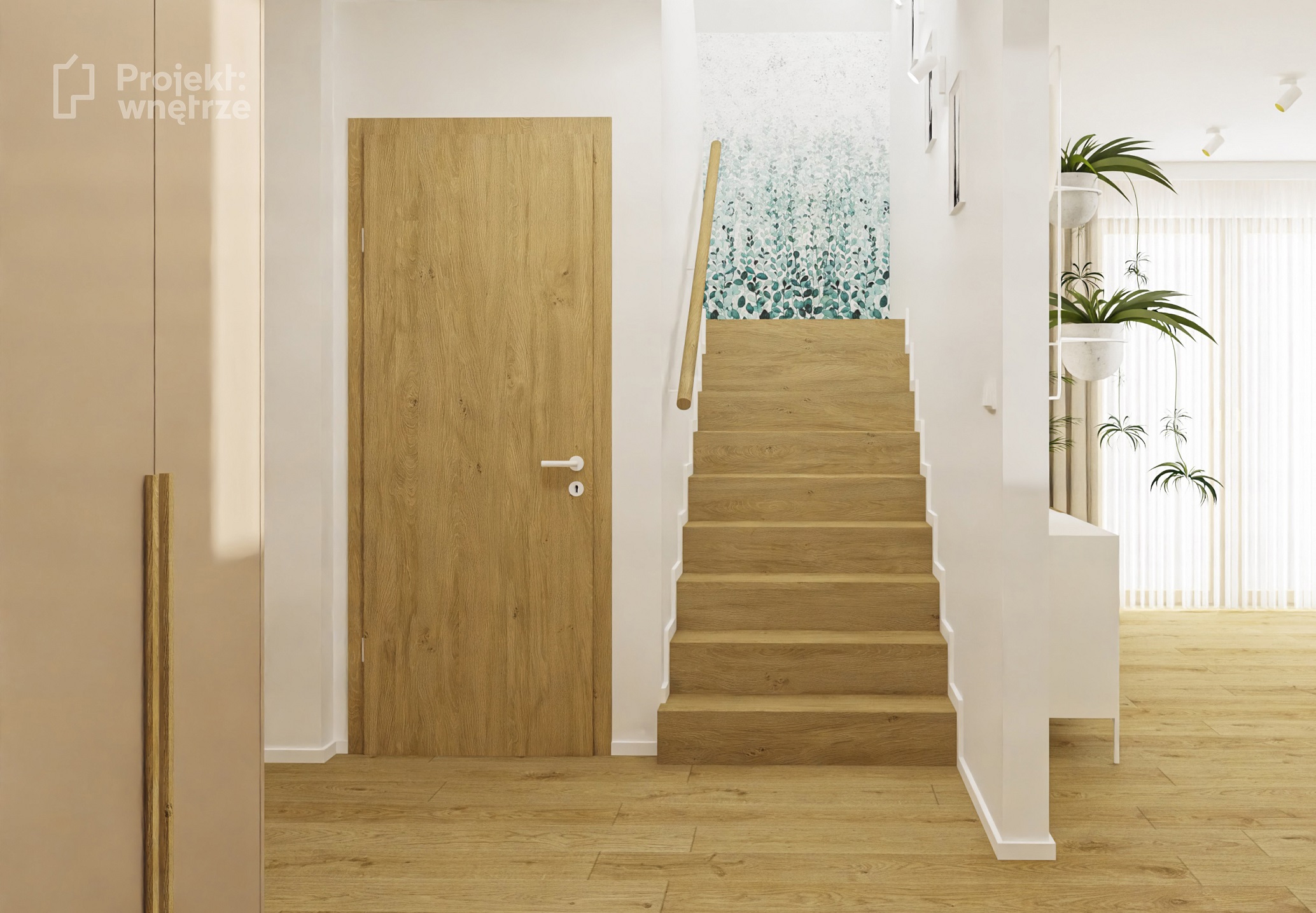Projekt wnetrze pracownia projektowania wnetrz online warszawa beżowy korytarz schody z tapetą drewniane projektwnetrze.com