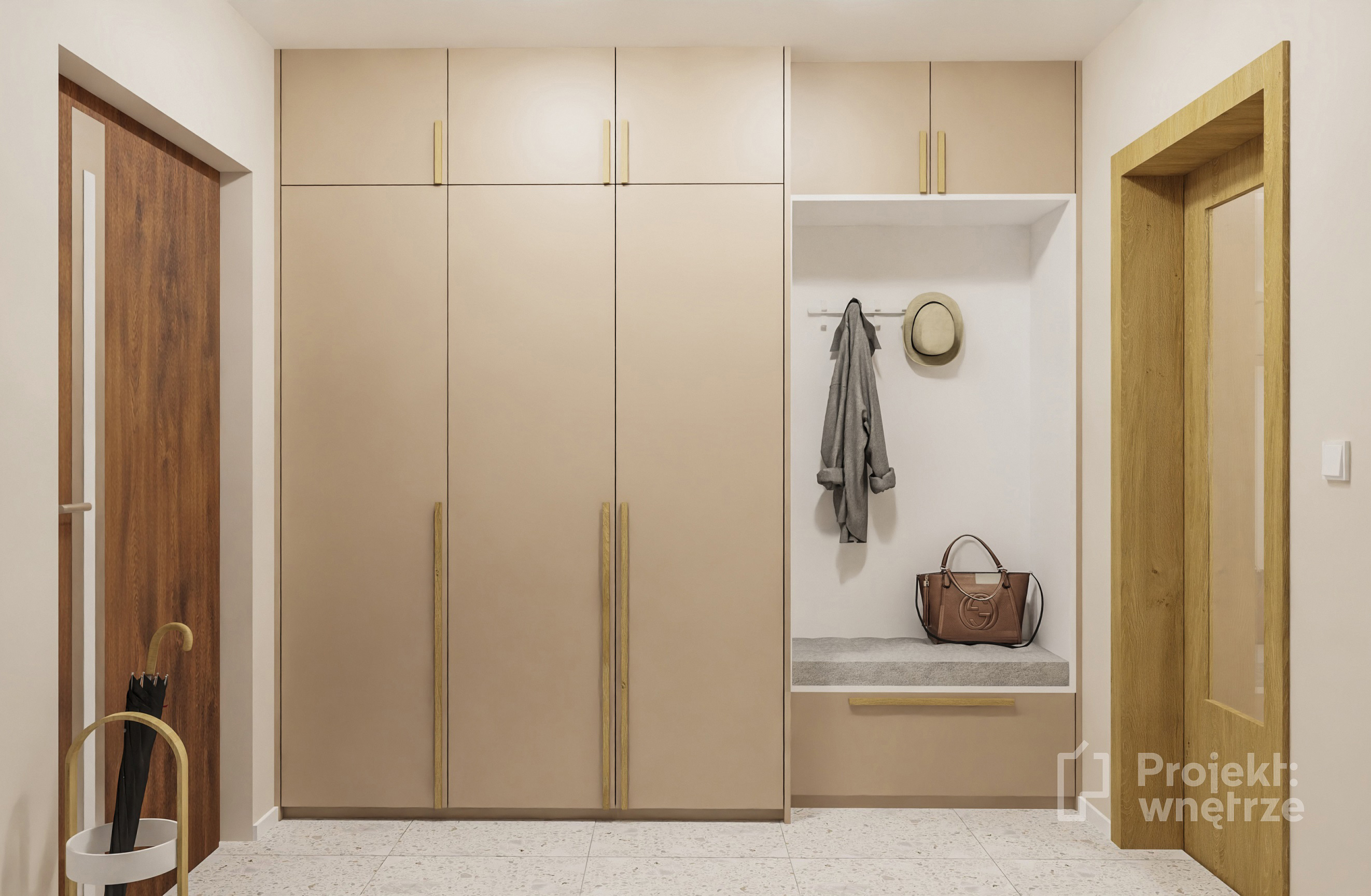 Projekt wnetrze pracownia projektowania wnetrz online warszawa beżowy przedsionek korytarz lastryko projekt szafy z siedziskiem drewno schody tapeta projektwnetrze.com