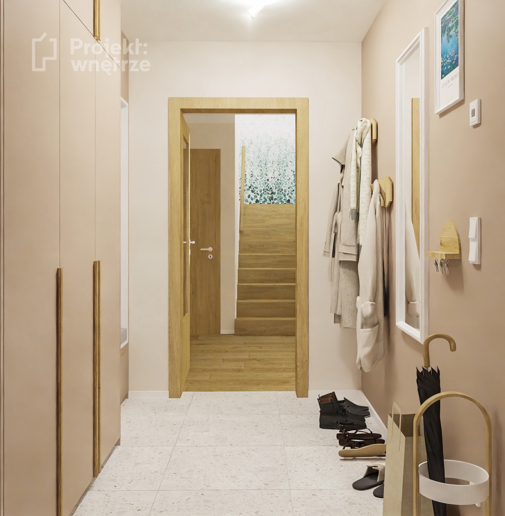Projekt wnetrze pracownia projektowania wnetrz online warszawa beżowy przedsionek korytarz lastryko projekt szafy z siedziskiem drewno schody tapeta projektwnetrze.com