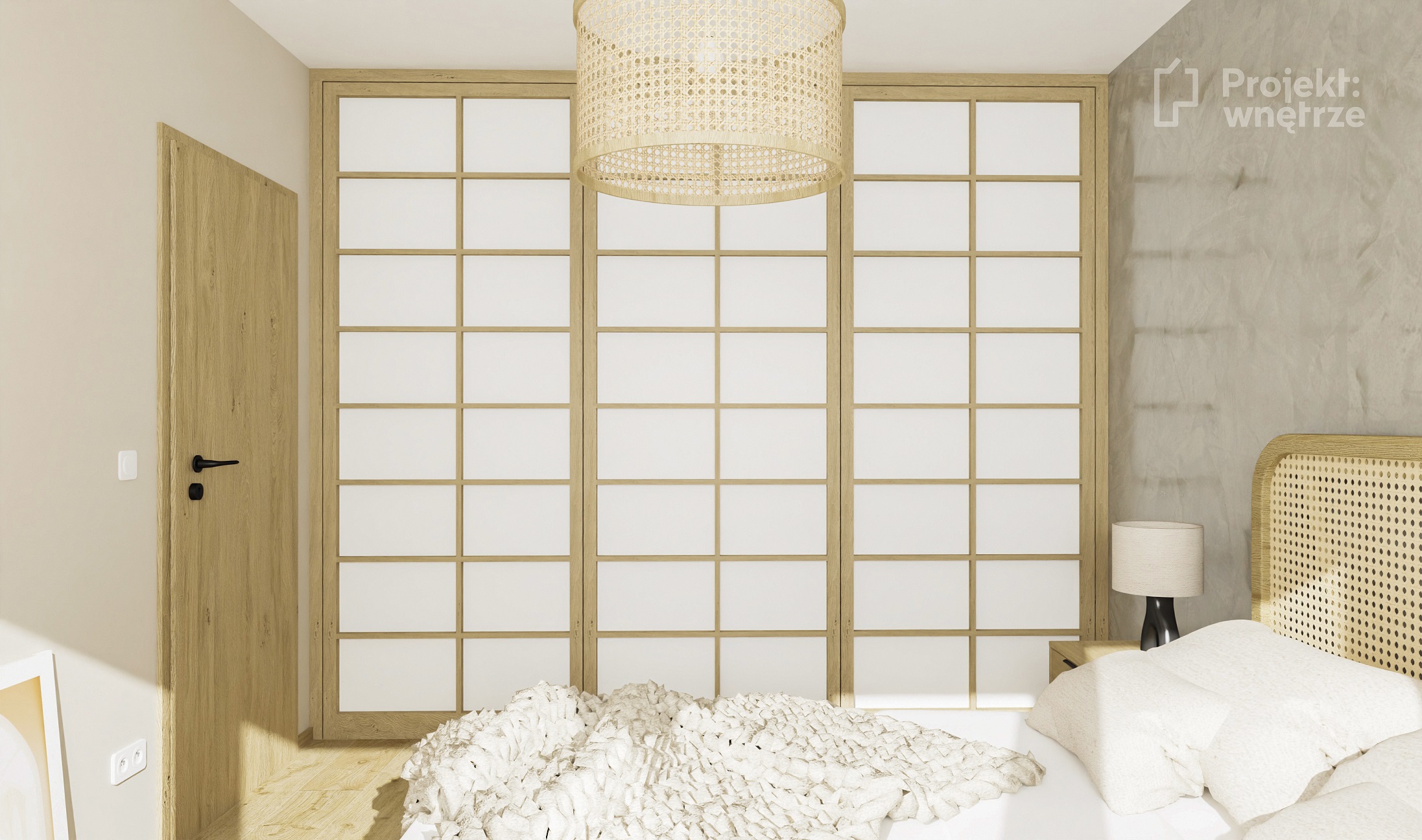Projekt wnetrze beżowa sypialnia japandi styl projektwnetrze.com.pl projektant wnetrz warszawa online projekt sypialni w stylu japandi