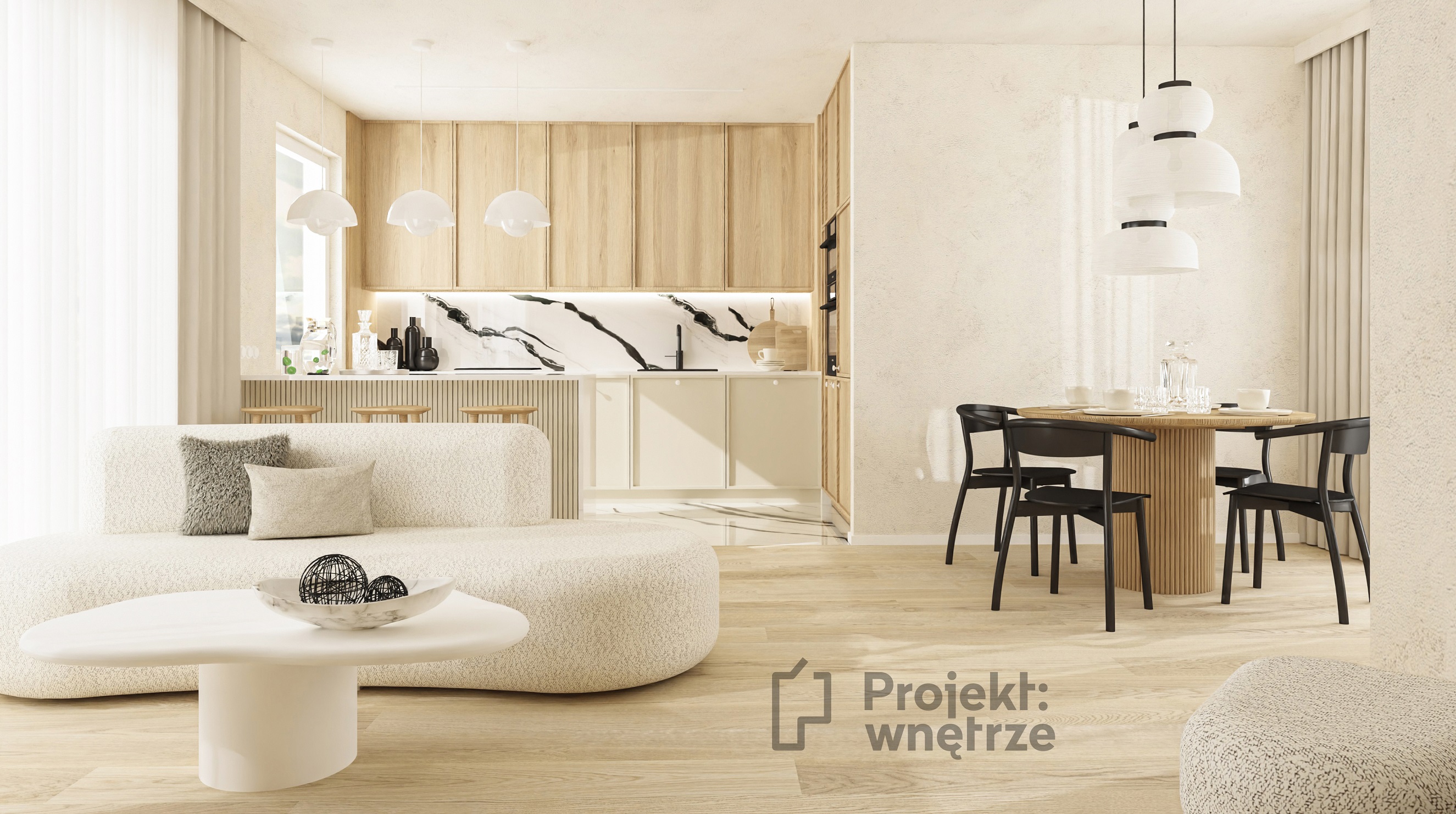 projektwnetrze.com.pl - PROJEKT: WNĘTRZE Przytulne beże i écru, ciepłe drewno, obłości i fokus na faktury, czyli nowoczesne japandi z odrobiną charakternej czerni. Beżowa podłoga, lamele, owalna sofa asymetryczna, zabudowa kuchni drewno fornir z ramką. Projektowanie wnętrz Warszawa online