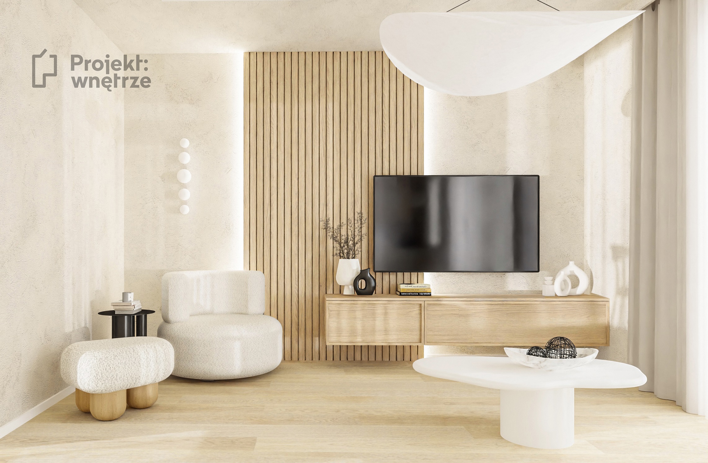 projektwnetrze.com.pl - PROJEKT: WNĘTRZE Przytulne beże i écru, ciepłe drewno, obłości i fokus na faktury, czyli nowoczesne japandi z odrobiną charakternej czerni. Beżowa podłoga, lamele, owalna sofa asymetryczna, zabudowa kuchni drewno fornir z ramką. Projektowanie wnętrz Warszawa online