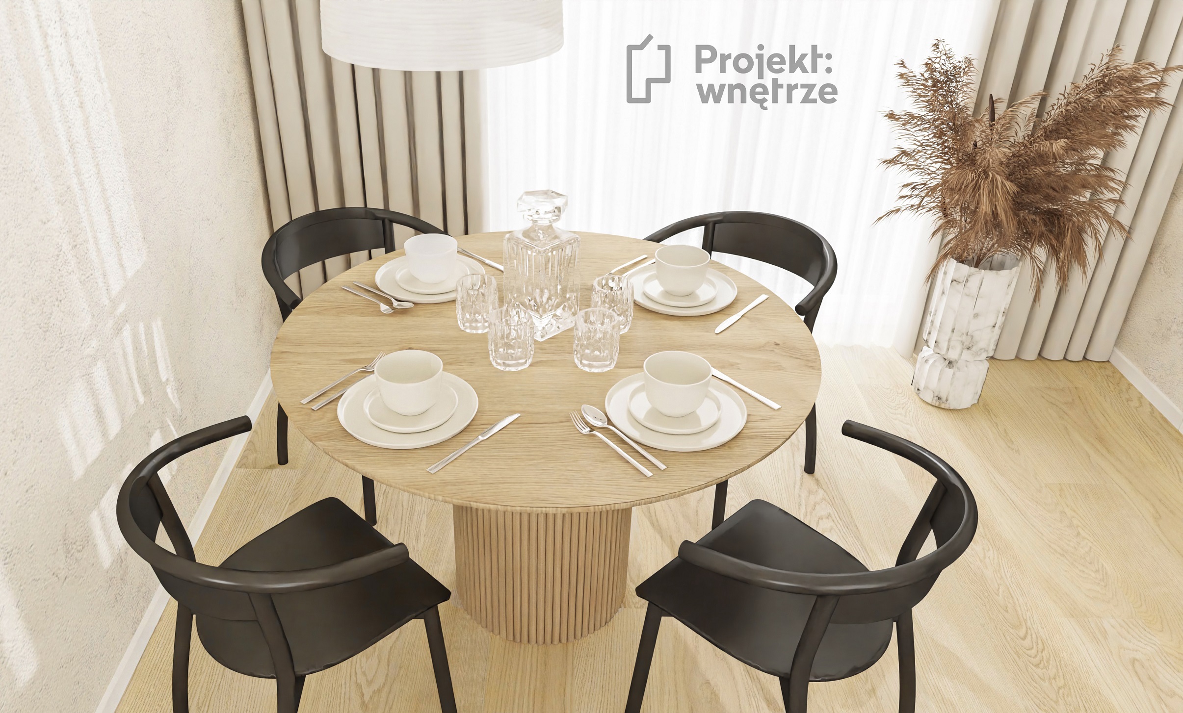 projektwnetrze.com.pl - PROJEKT: WNĘTRZE Przytulne beże i écru, ciepłe drewno, obłości i fokus na faktury, czyli nowoczesne japandi z odrobiną charakternej czerni. Beżowa podłoga, lamele, owalna sofa asymetryczna, zabudowa kuchni drewno fornir z ramką. Projektowanie wnętrz Warszawa online