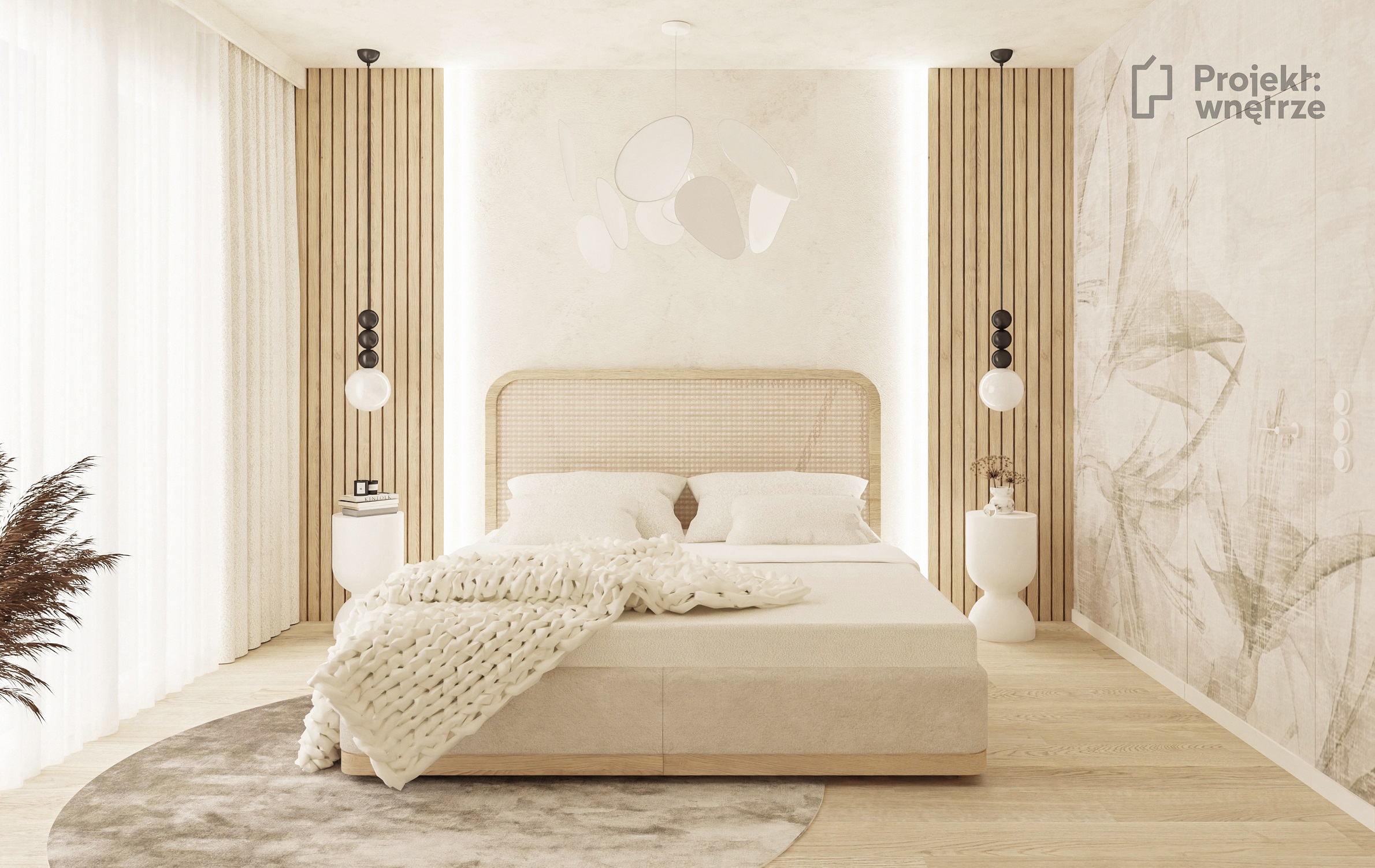 projekt sypialni japandi beżowa ecru tapeta drewno lamele łóżko japandi boho lampa screen marketset czarna projekt sypialni projektant wnetrz warszawa online projektwnetrze.com.pl